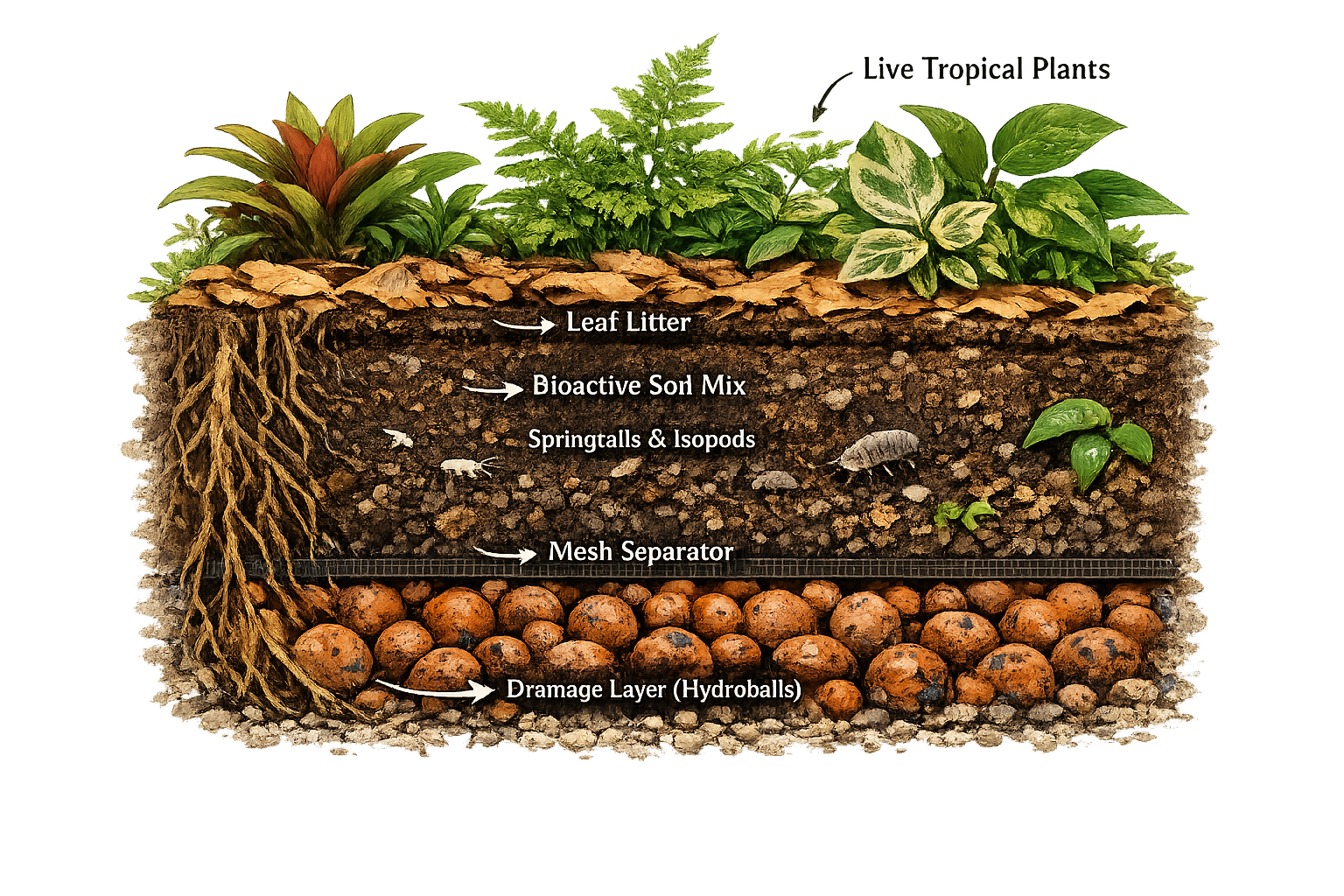 Detailed landscape format (1536x1024) showing terrarium substrate layers in cross-section view with labeled components: drainage layer of hy