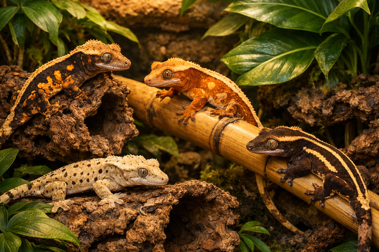 Landscape format (1536x1024) featuring variety of crested gecko morphs (harlequin, flame, dalmatian, pinstripe patterns) positioned on natur