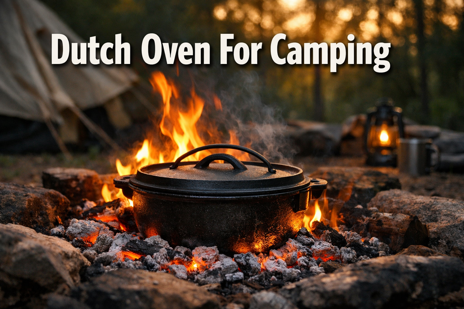 Professional landscape format (1536x1024) hero image featuring bold text overlay 'Dutch Oven For Camping' in extra large 72pt white sans-ser