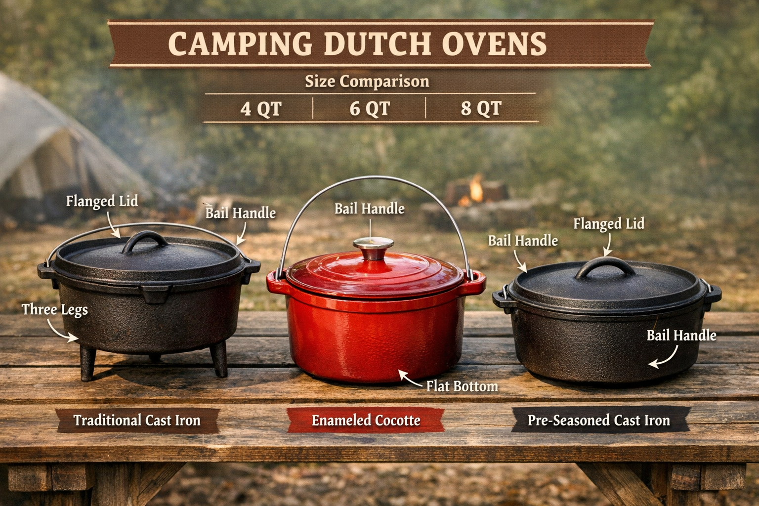 Landscape format (1536x1024) editorial image showing three different types of camping dutch ovens arranged on rustic wooden surface: traditi