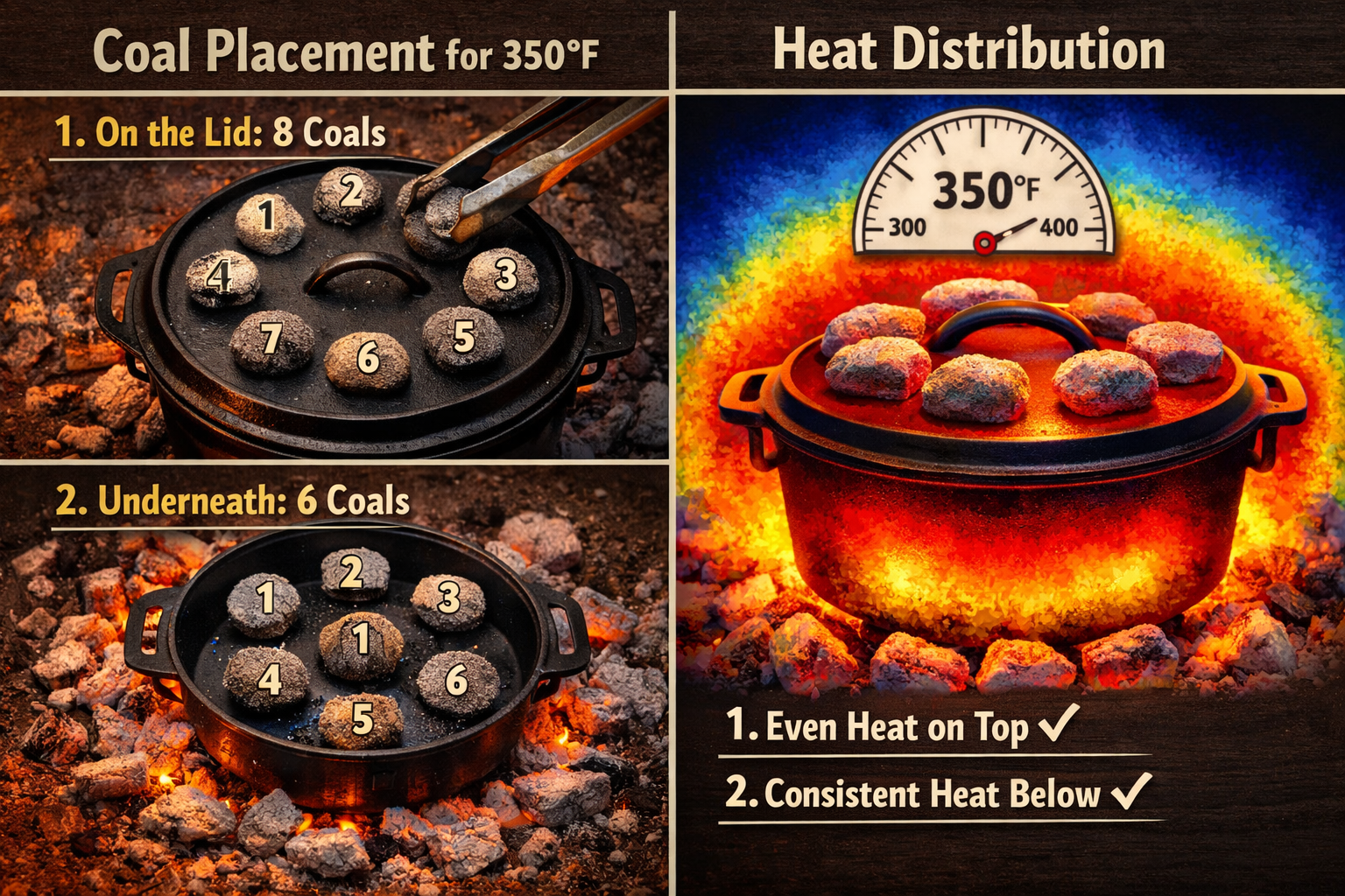Landscape format (1536x1024) instructional image demonstrating coal placement technique for dutch oven temperature control. Split-screen com