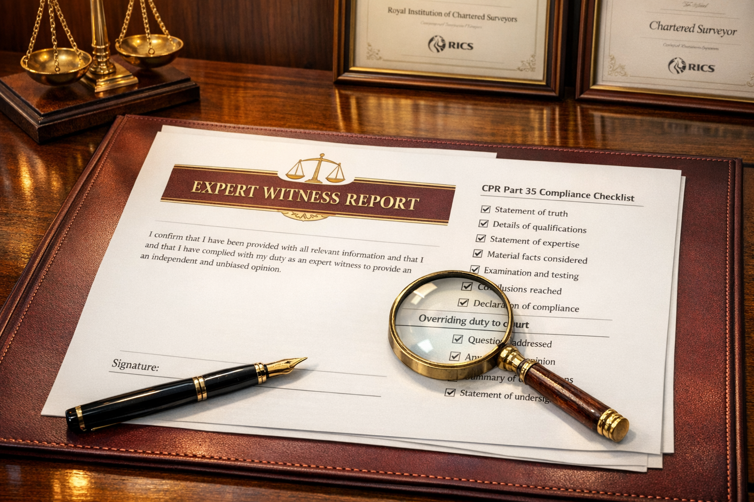 () detailed image showing professional expert witness report document on polished desk with CPR Part 35 compliance checklist