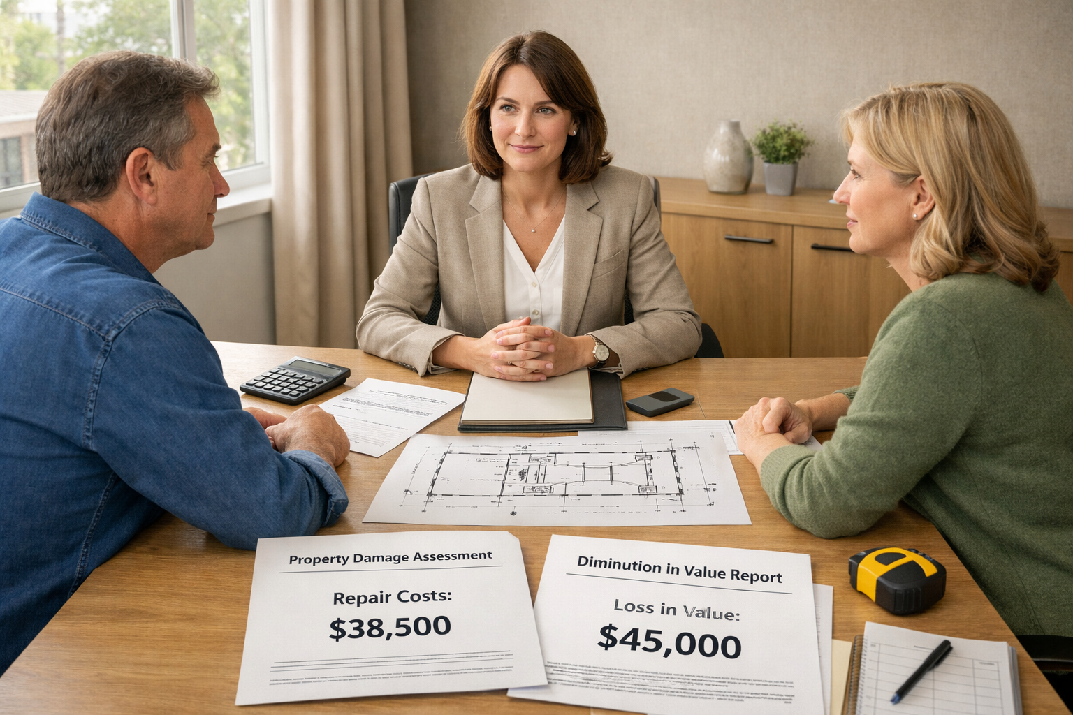 () mediation room scene with two neighbours seated across table with professional mediator in center, expert witness