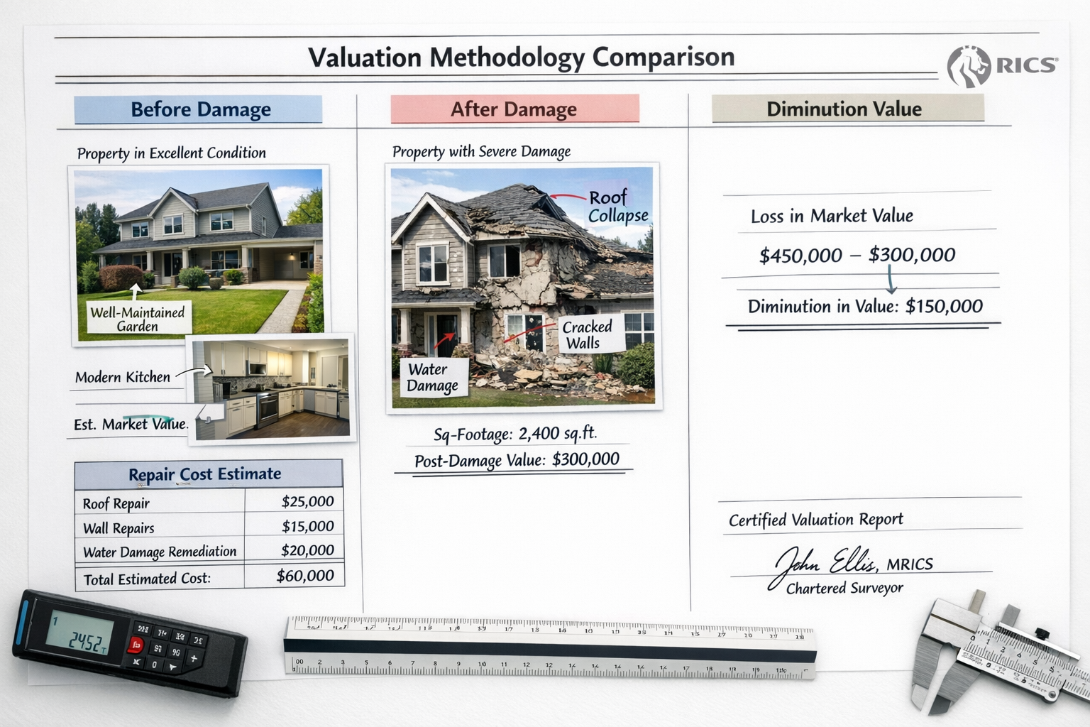 () close-up technical image showing valuation methodology comparison chart with three columns labeled 'Before Damage',