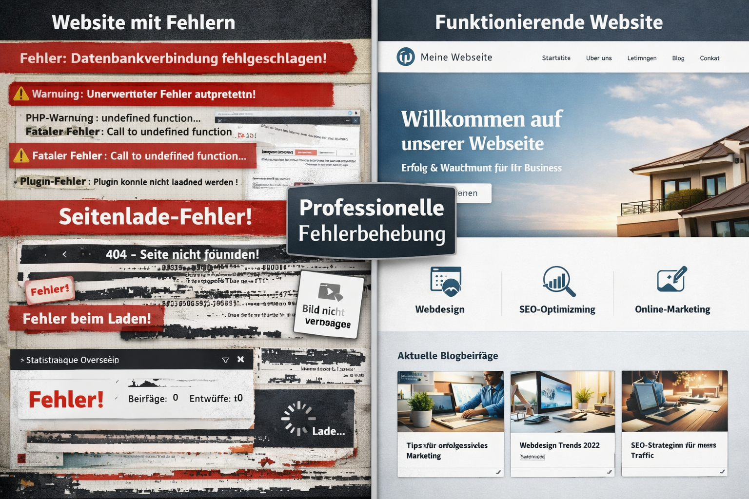 () split-screen comparison image: left side shows a chaotic WordPress error screen with red warnings and broken layout,