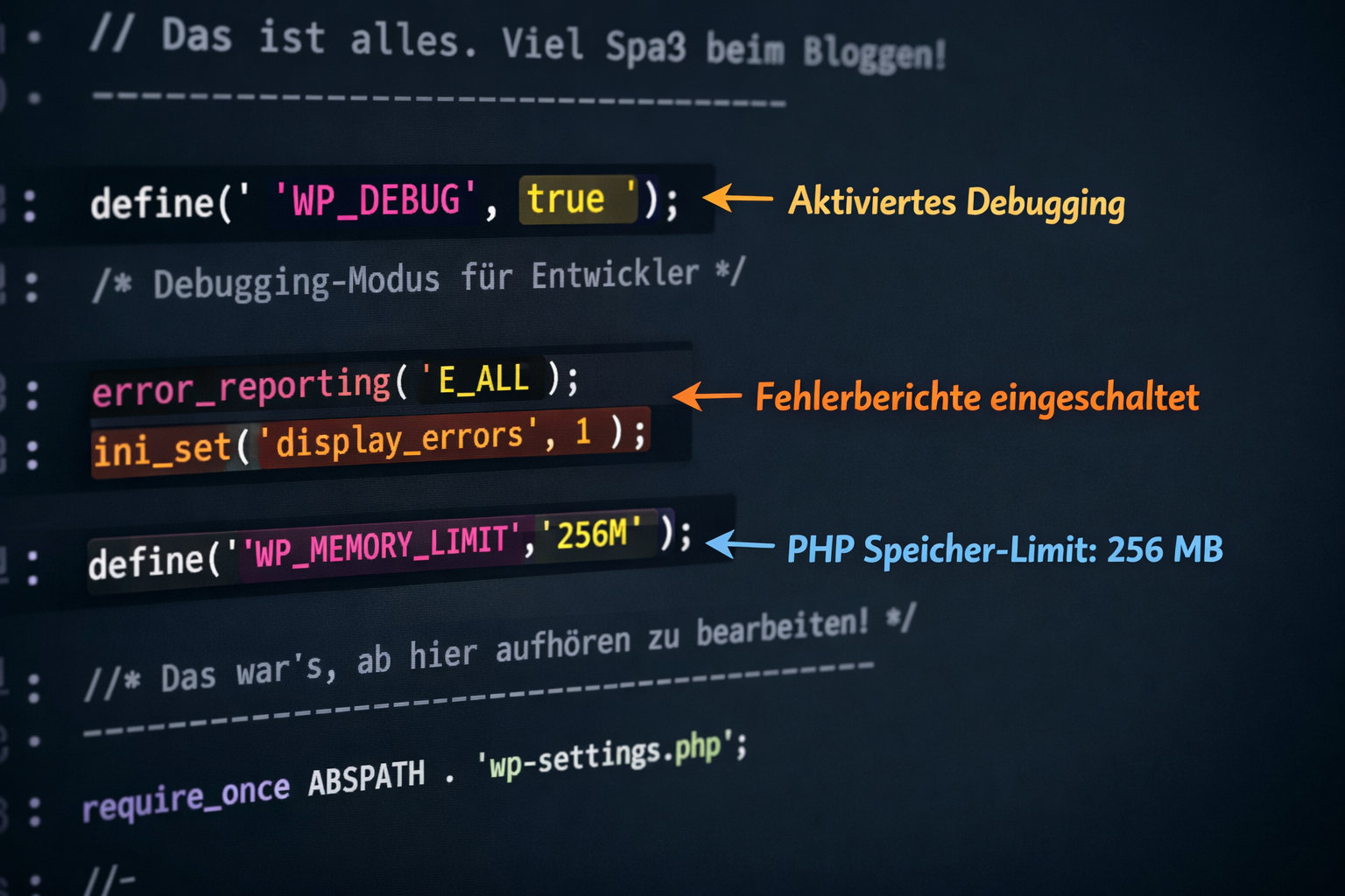 () close-up of a code editor screen showing WordPress PHP configuration file with highlighted lines for 'WP_DEBUG',