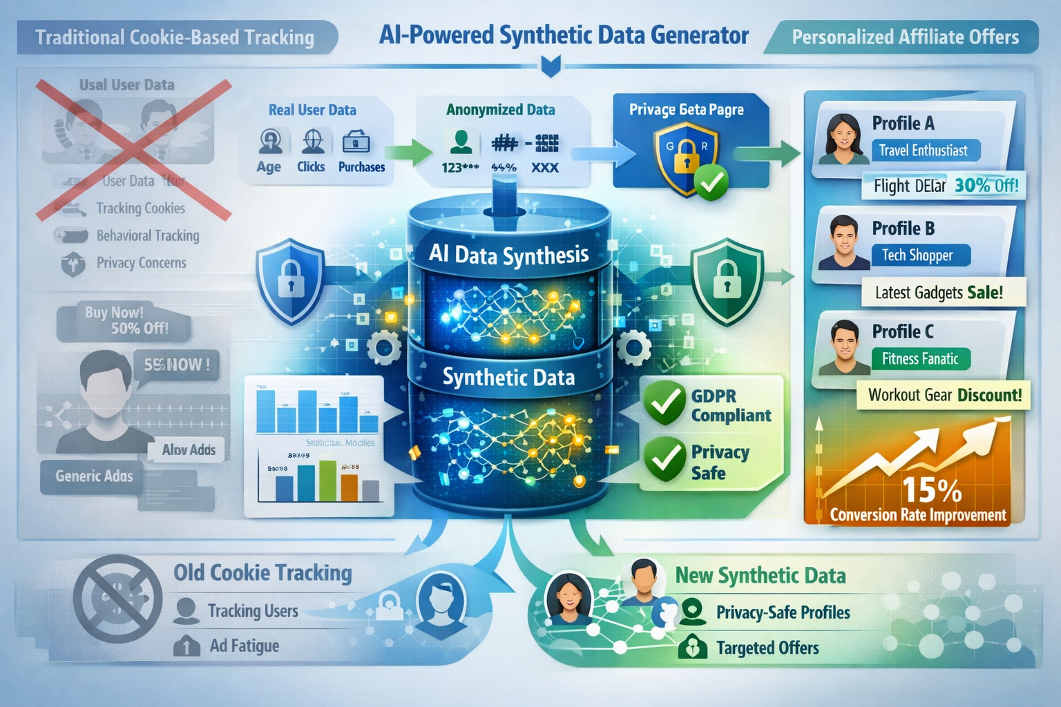 Detailed landscape format (1536x1024) illustration showing synthetic data generation process for affiliate marketing personalization. Centra