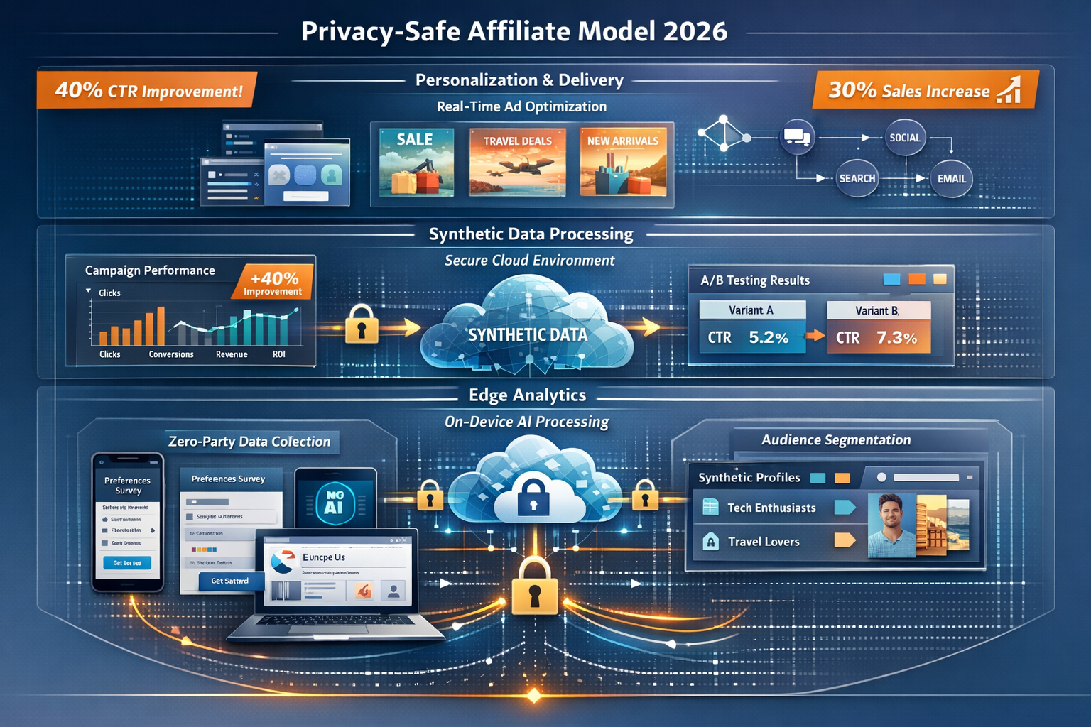 Comprehensive landscape format (1536x1024) visualization of privacy-safe affiliate model implementation in 2026. Center composition features