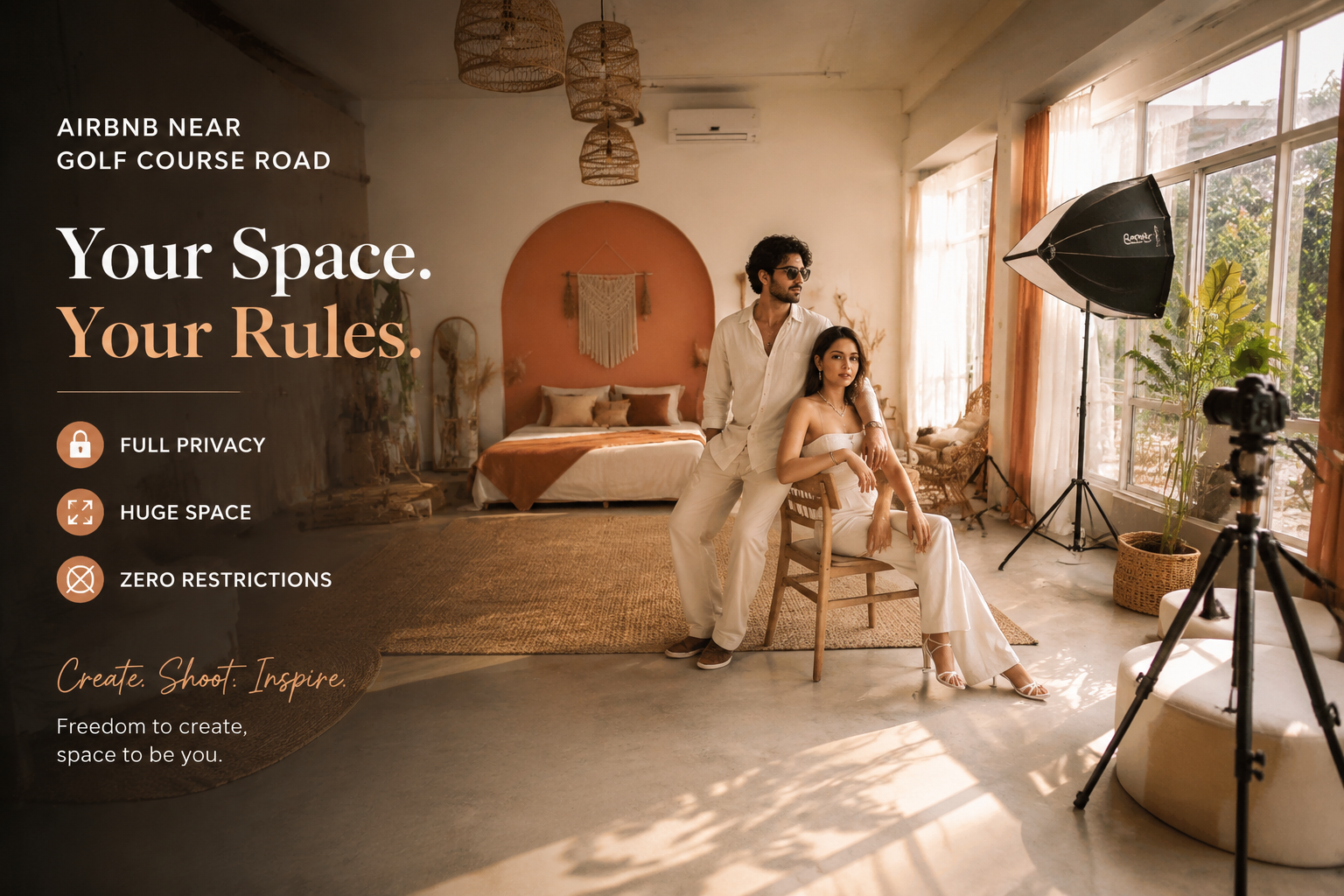 A visually striking () image depicting an elegantly themed Airbnb interior near Golf Course Road, designed for photo shoots.