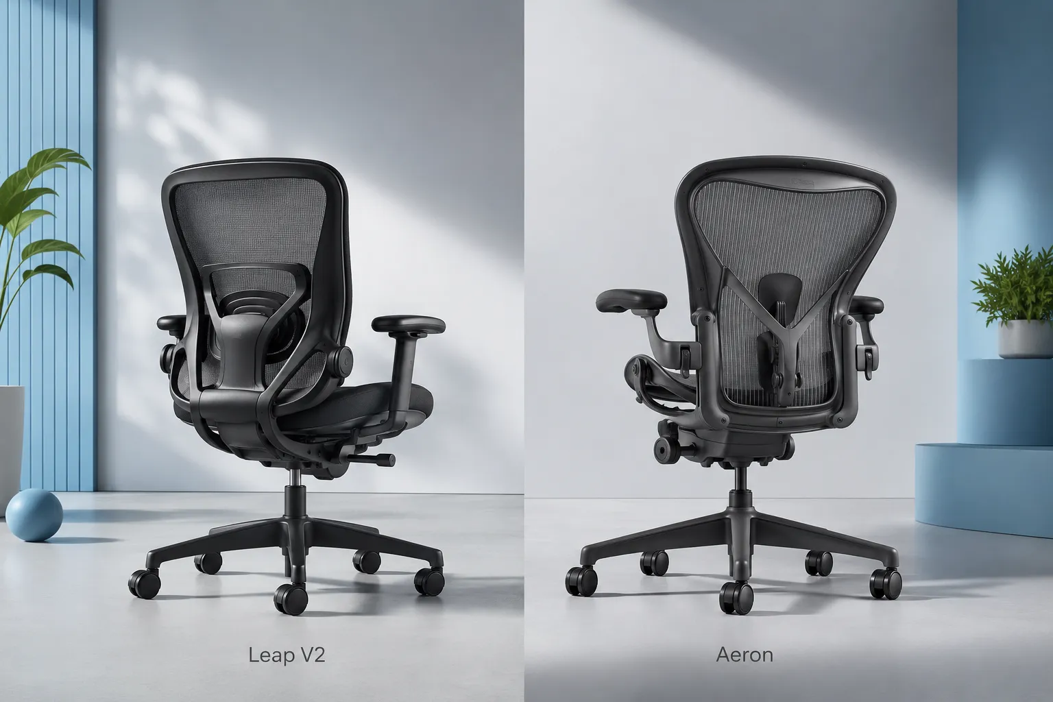 Steelcase Leap V2 vs Herman Miller Aeron Bright editorial landscape (1536x1024): split-screen product hero shot in clean daylight studio lighting, left side showing a sleek black mesh ergonomic chair with visible lumbar support mechanism, right side showing a different premium mesh office chair with PostureFit sacral support, both on light grey studio backdrop, crisp shadows, professional product photography aesthetic, pastel blue accent tones, no text overlays except small label 'Leap V2' and 'Aeron' in 4-word max sans-serif, 8% safe margins, no tables Steelcase Leap V2 vs Herman Miller Aeron