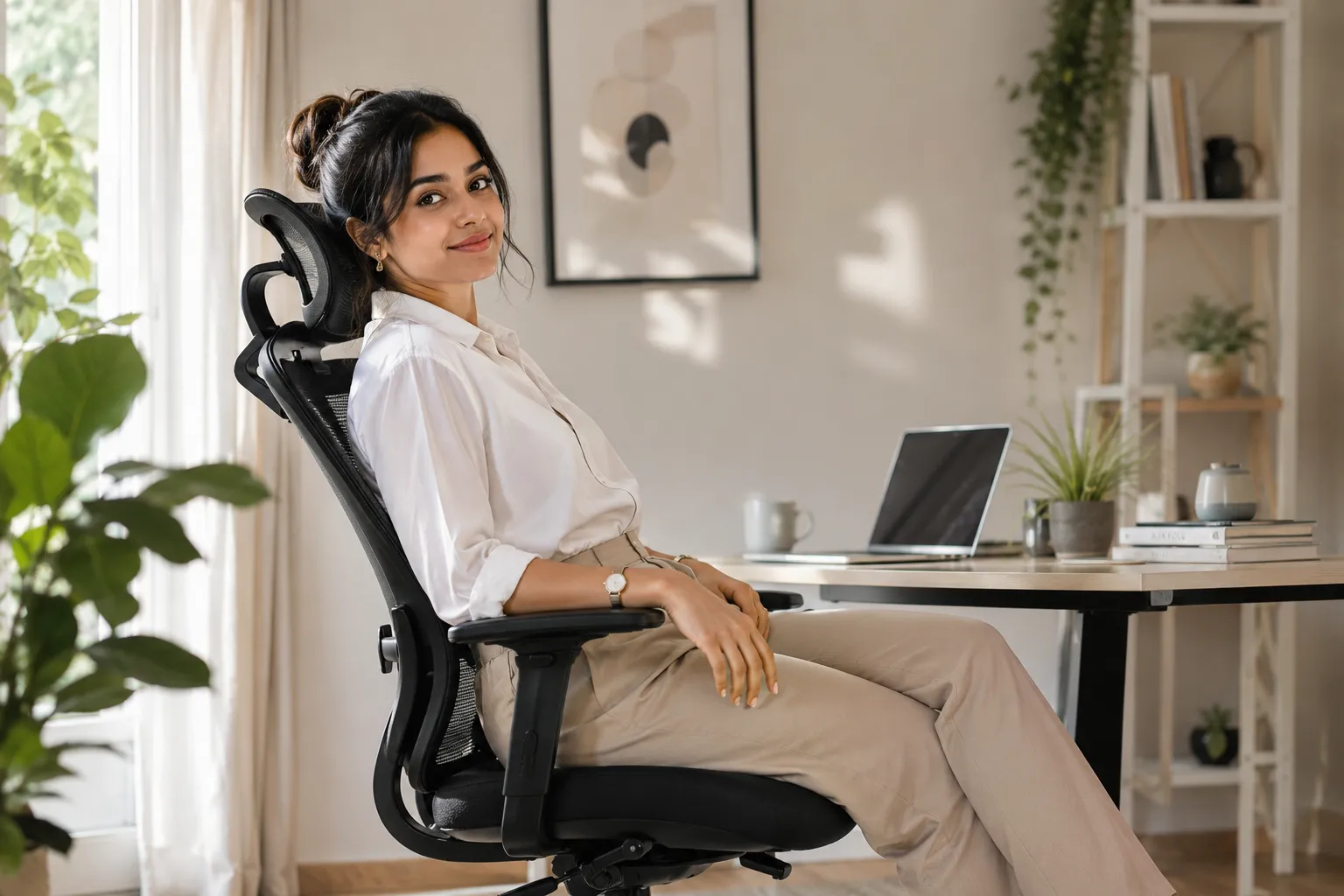 Steelcase Leap V2 vs Herman Miller Aeron Natural daylight editorial landscape (1536x1024): a diverse South Asian woman seated comfortably in a premium black mesh ergonomic office chair at a bright modern home office desk, natural window light, plants in background, relaxed upright posture, warm white walls, soft shadows, lifestyle photography style, bright and airy color palette, conveying all-day comfort and lumbar support, no pricing tables, no comparison grids, save-worthy Pinterest aesthetic Lumbar Support Compared: Steelcase Leap V2 vs Herman Miller Aeron