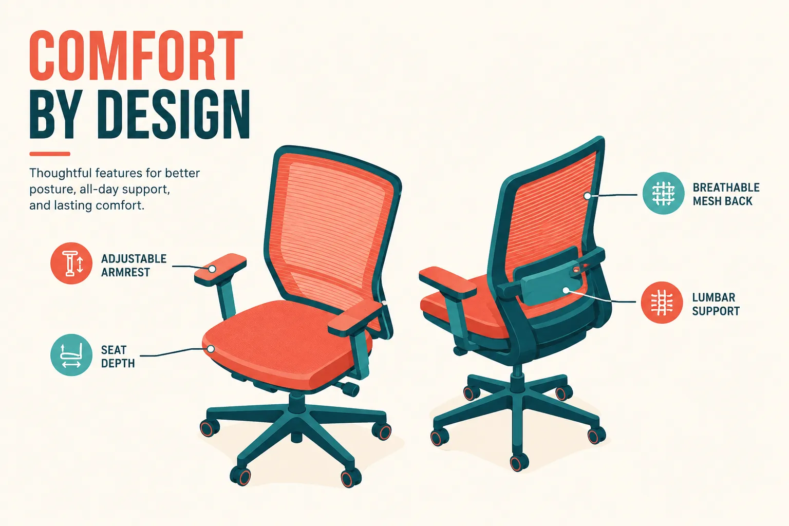 Steelcase Leap V2 vs Herman Miller Aeron Flat-vector infographic landscape (1536x1024) on a bright cream background: isometric illustration showing two stylized office chair silhouettes with short labeled callout arrows pointing to armrest, lumbar zone, seat depth, and mesh back, labels maximum 3 words each, bold coral and teal color palette, clean sans-serif typography, modern editorial infographic style, generous white space, no tables, no dollar amounts, 8% safe margins from every edge Ergonomic Adjustability: Full Feature Comparison