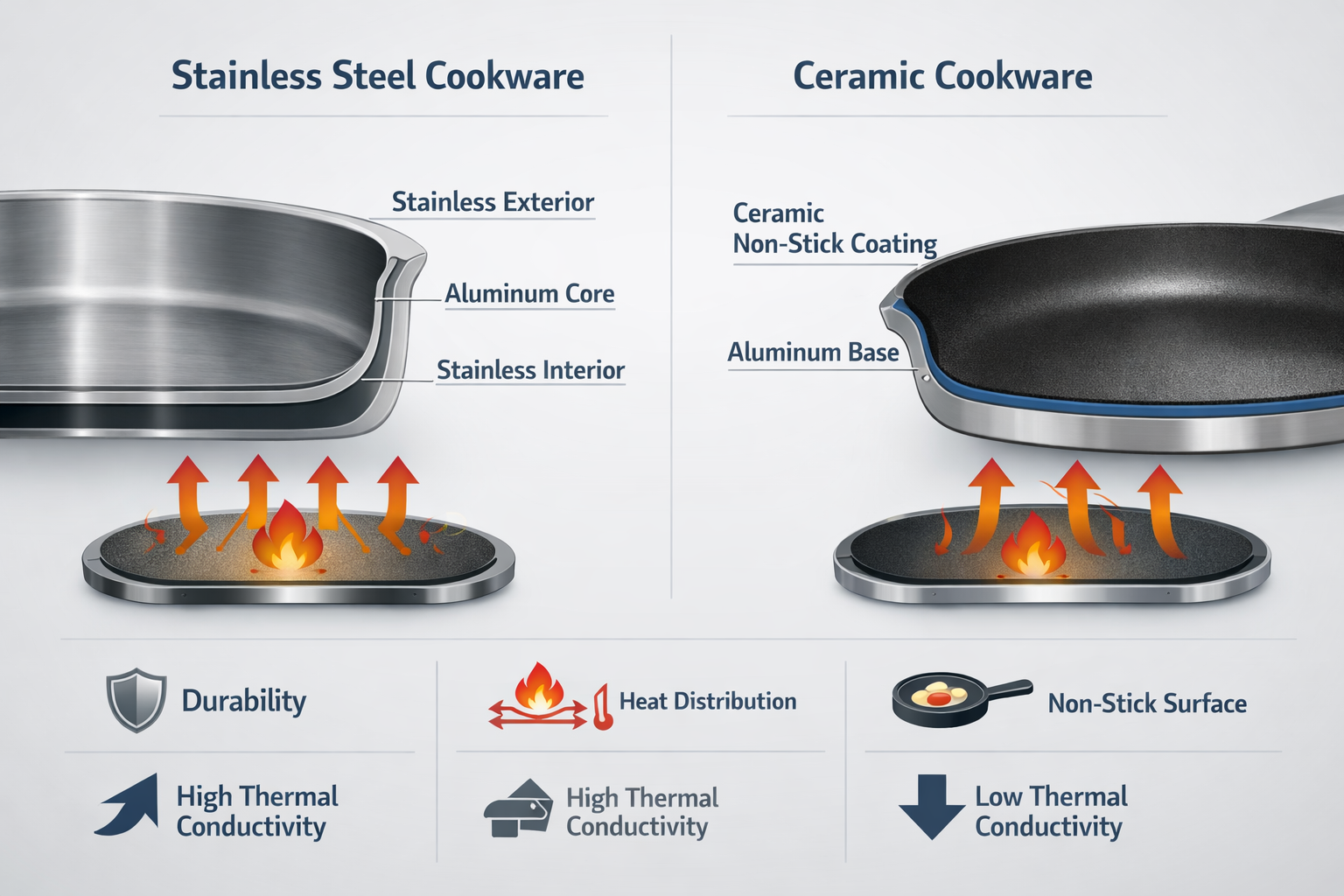 Professional infographic-style editorial image focused on material science and performance differences in Stainless Steel vs Ceramic Cookware....