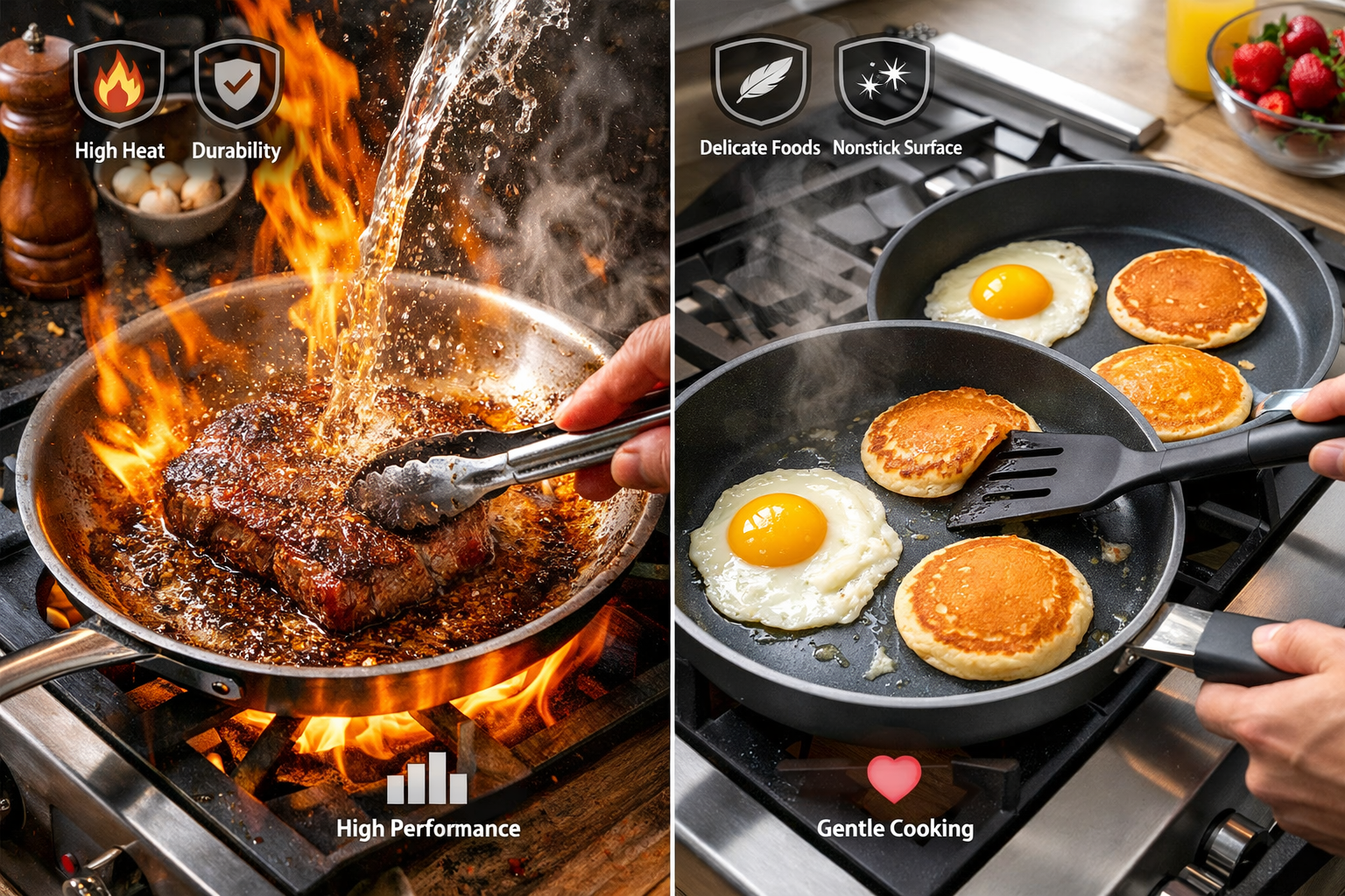 Professional action-oriented kitchen scene showing Stainless Steel vs Ceramic Cookware in real cooking tests. Left side: