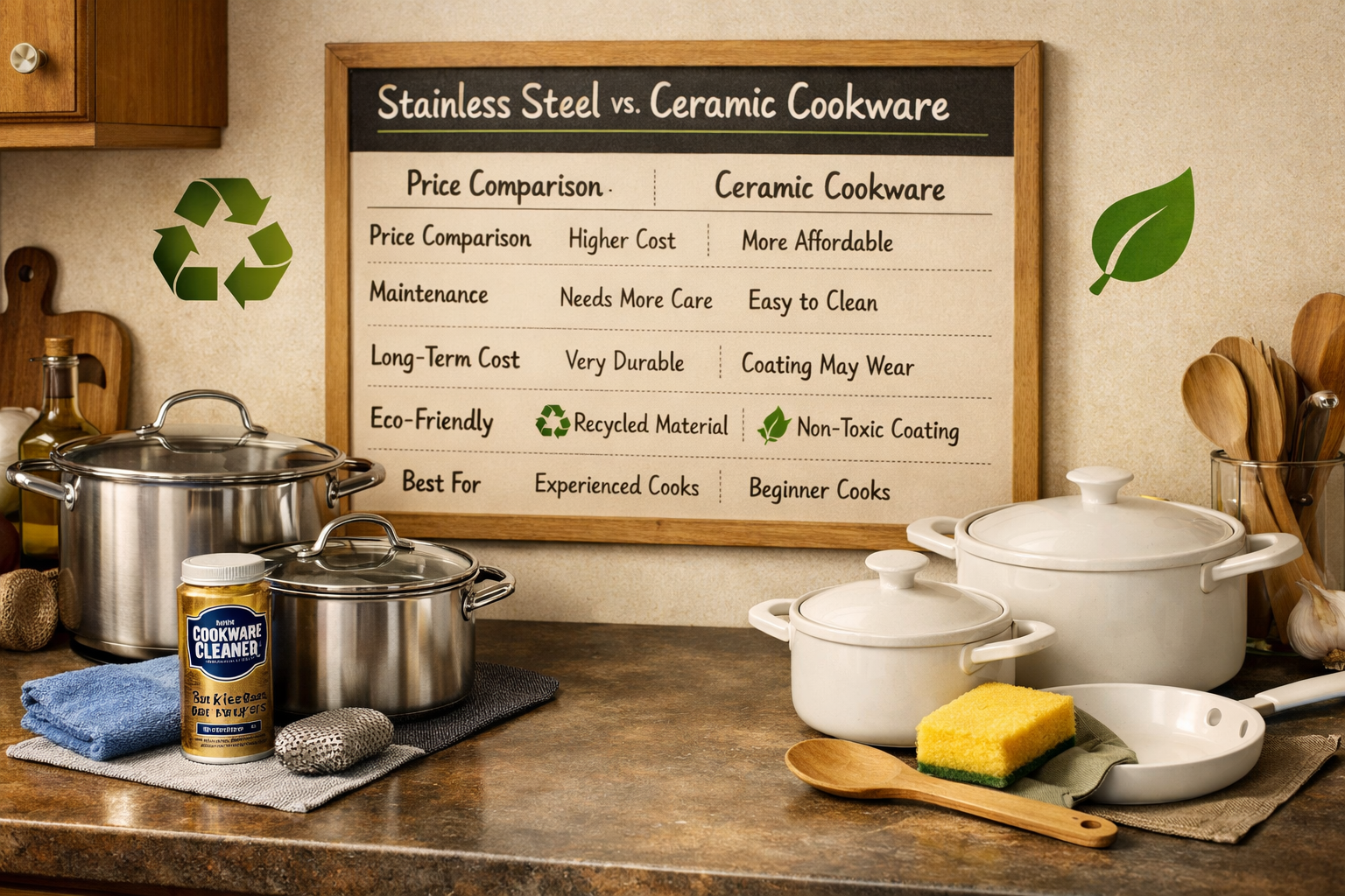 Professional comparison chart scene for buying and maintenance decisions in Stainless Steel vs Ceramic Cookware. 