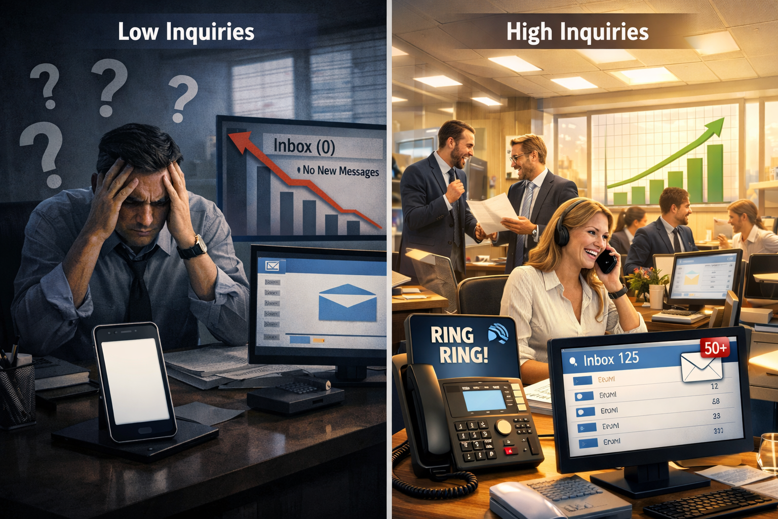 Landscape format (1536x1024) conceptual image showing side-by-side comparison of two business scenarios. Left side: business owner surrounde