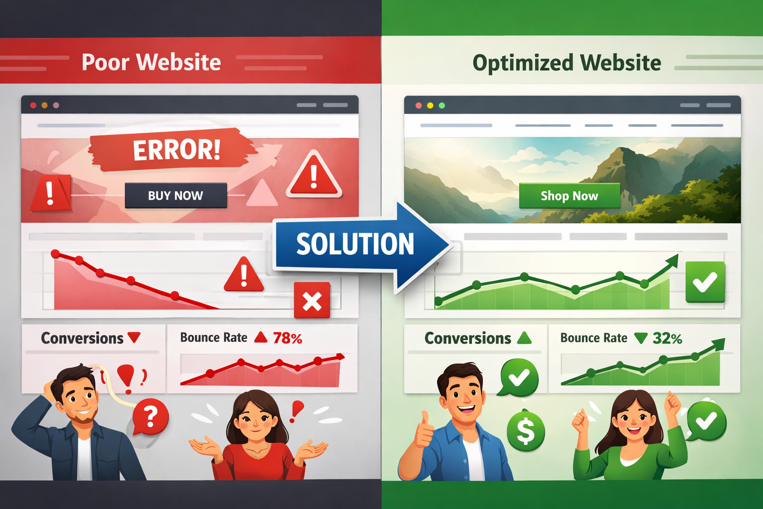 Landscape format (1536x1024) before-and-after transformation visual showing website improvement results. Split composition: left side shows
