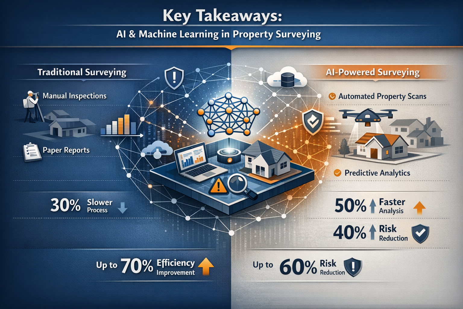 Key Takeaways section infographic visualizing AI and machine learning impact on property surveying. Central isometric diagram showing interc