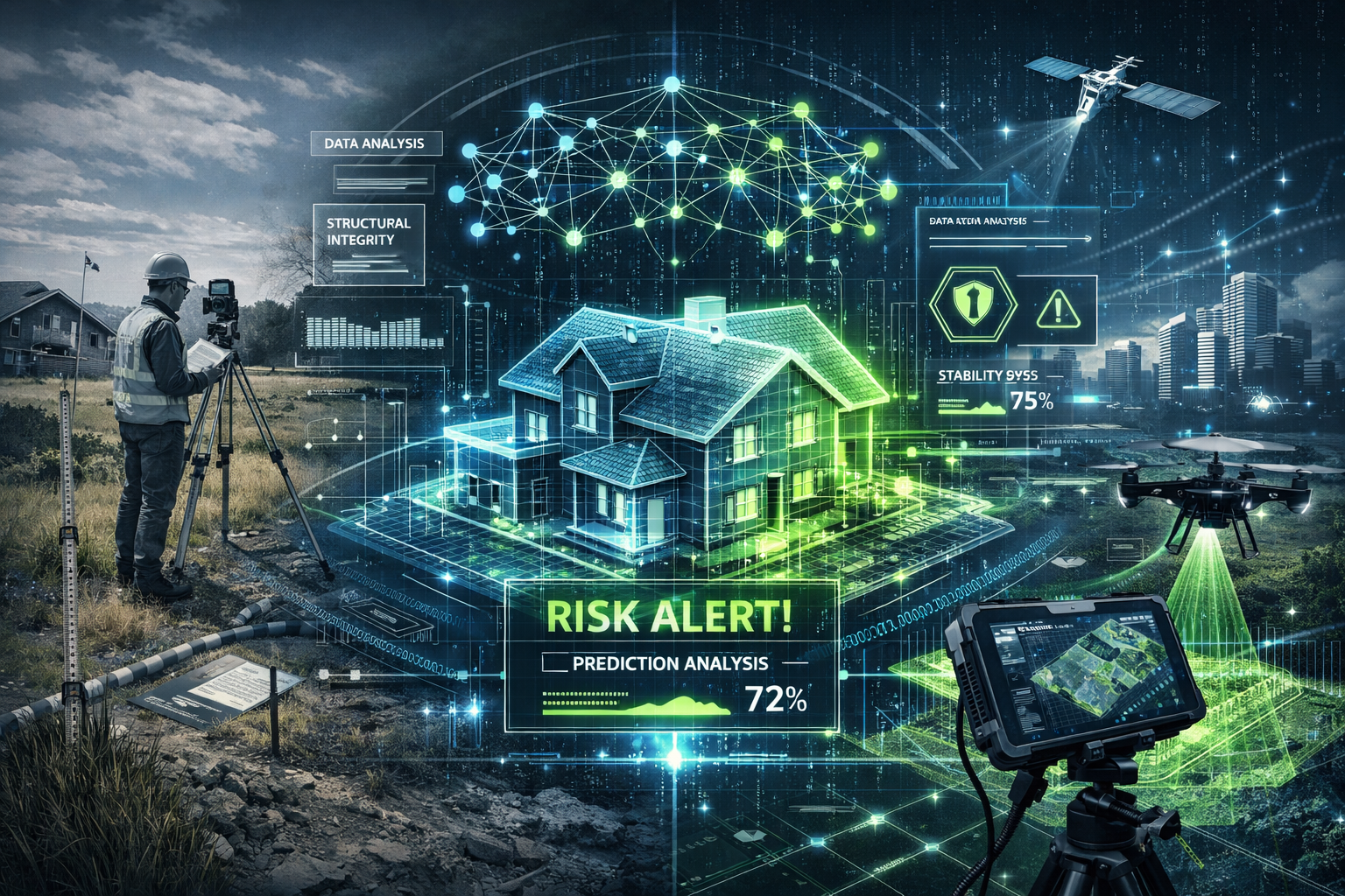 Conceptual visualization exploring AI and Machine Learning principles in property surveying. Split landscape image showing half traditional 