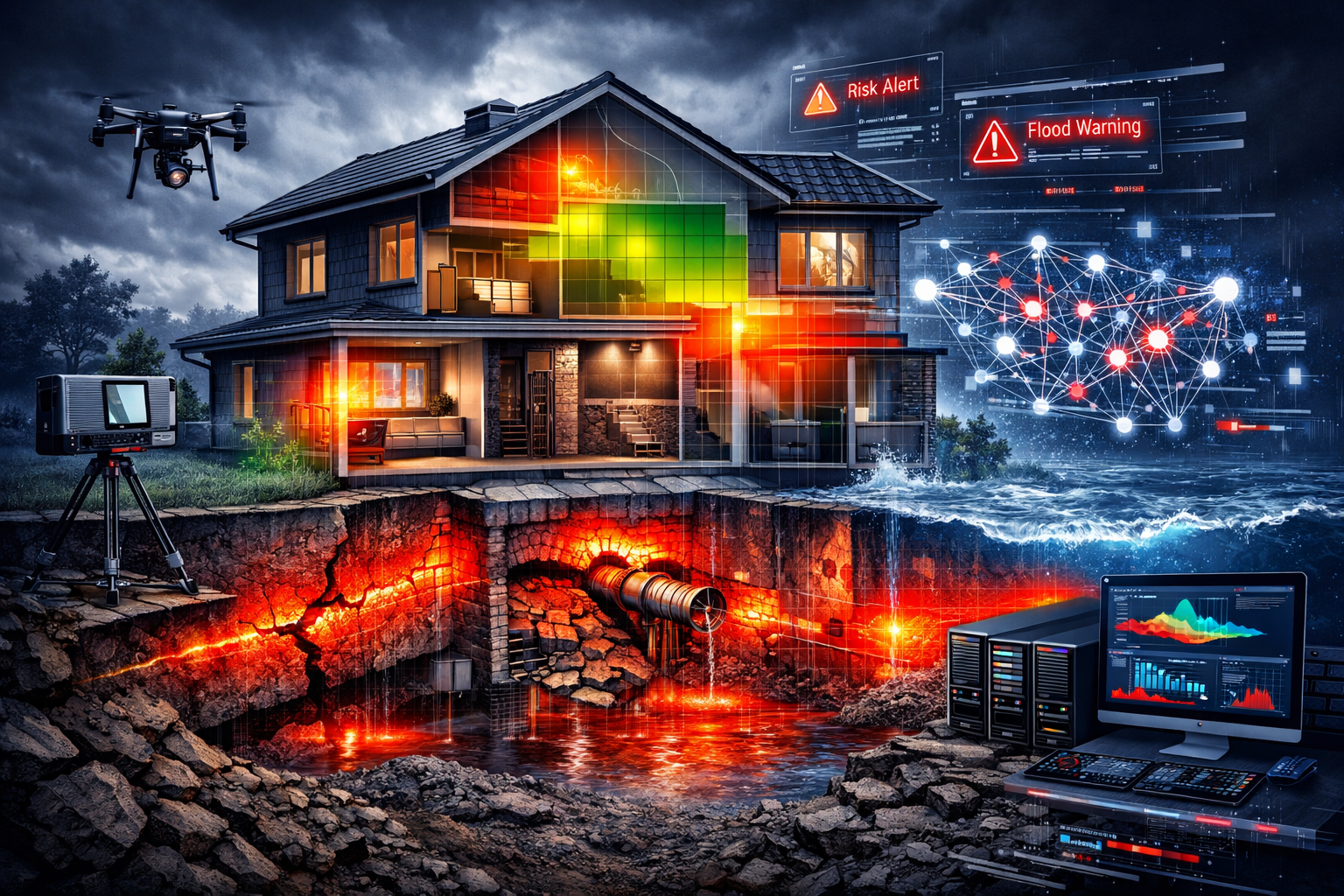 Dramatic risk prediction visualization focusing on AI-powered property hazard analysis. Cutaway architectural rendering showing underground 