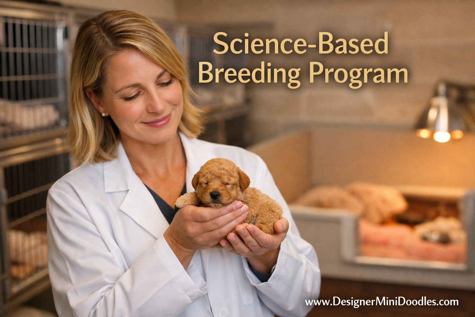 () editorial image showing a professional animal biologist in a clean, wearing a lab coat, surrounded by organized puppy