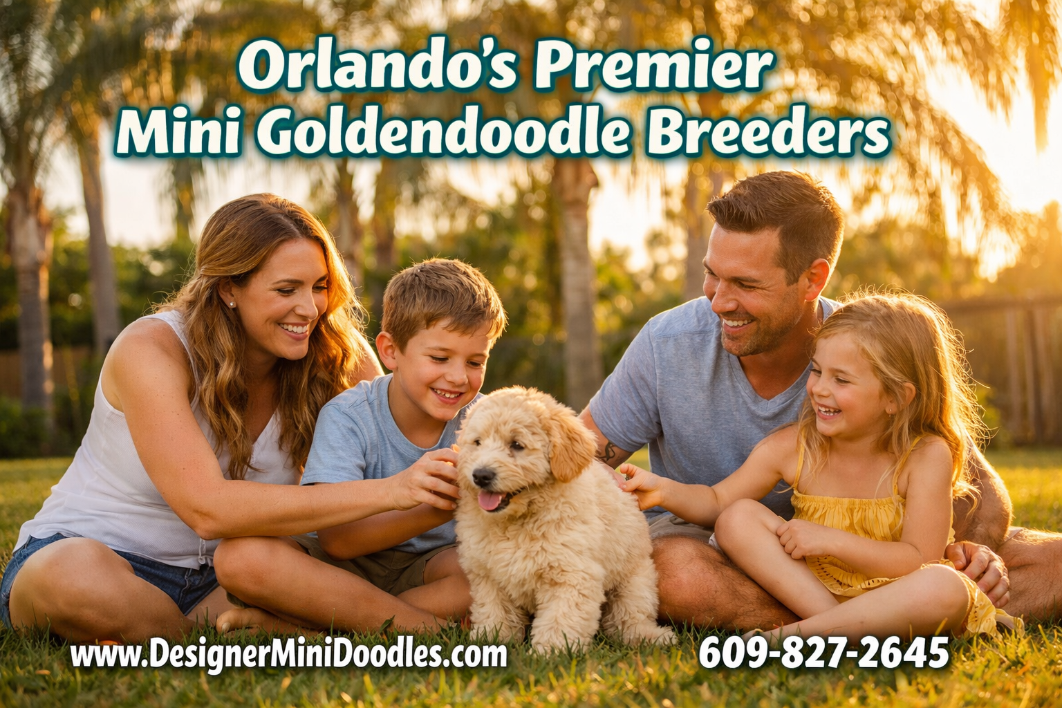 () image showing a happy Orlando family with two young children sitting on grass in a sunny Florida backyard, playing with a