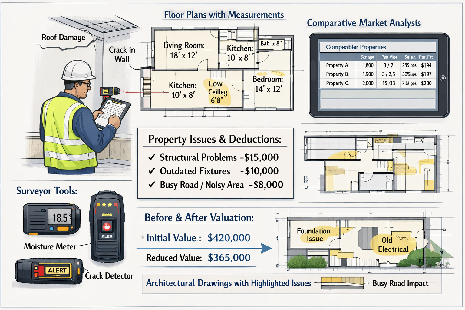 Landscape format (1536x1024) technical diagram showing surveyor conducting detailed property assessment, floor plans with measurement annota