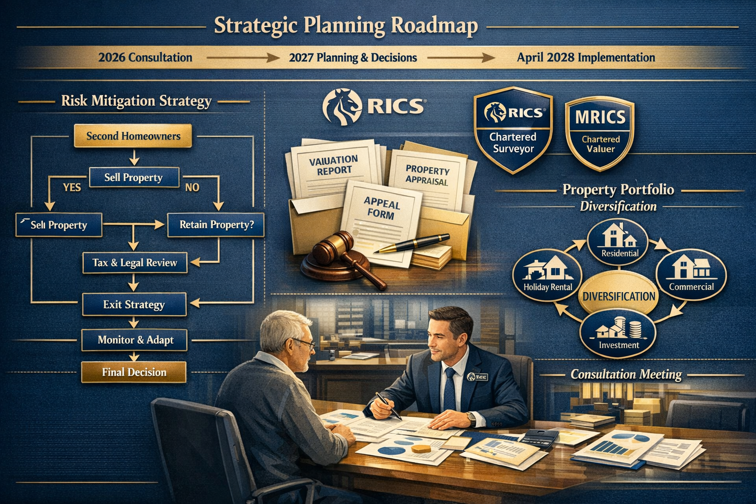 Landscape format (1536x1024) strategic planning visualization showing timeline from 2026 consultation through April 2028 implementation, ris