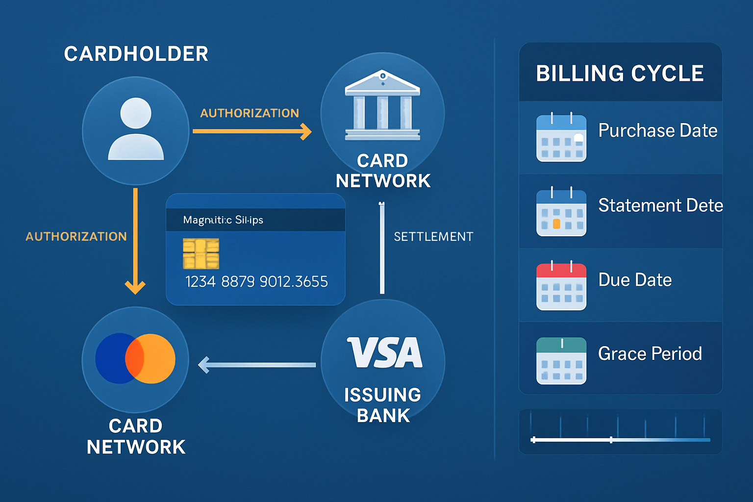 Detailed infographic illustration (1536x1024) showing credit card transaction flow diagram with four connected nodes: cardholder, merchant, 