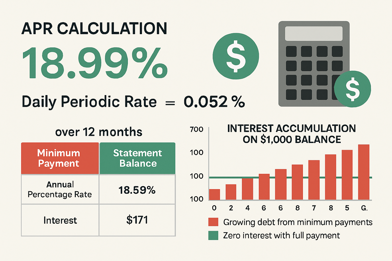 Modern educational chart (1536x1024) illustrating APR calculation breakdown with large percentage display showing sample 18.99% APR converte