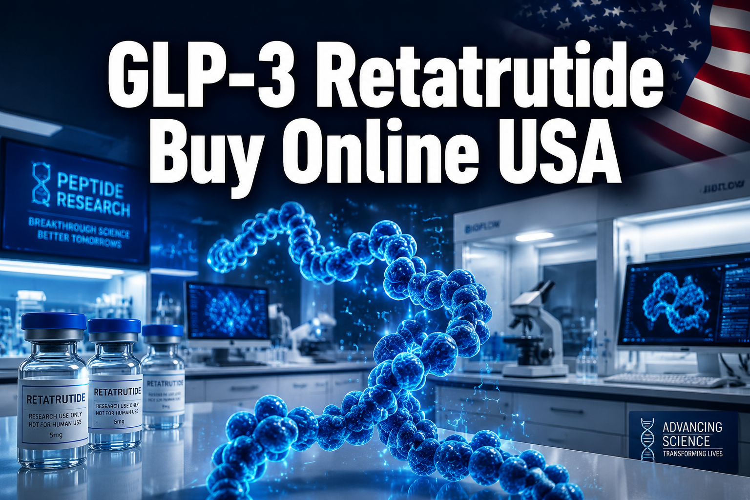 Professional () hero image featuring 'GLP-3 Retatrutide Buy Online USA' in extra large white with dark drop , centered