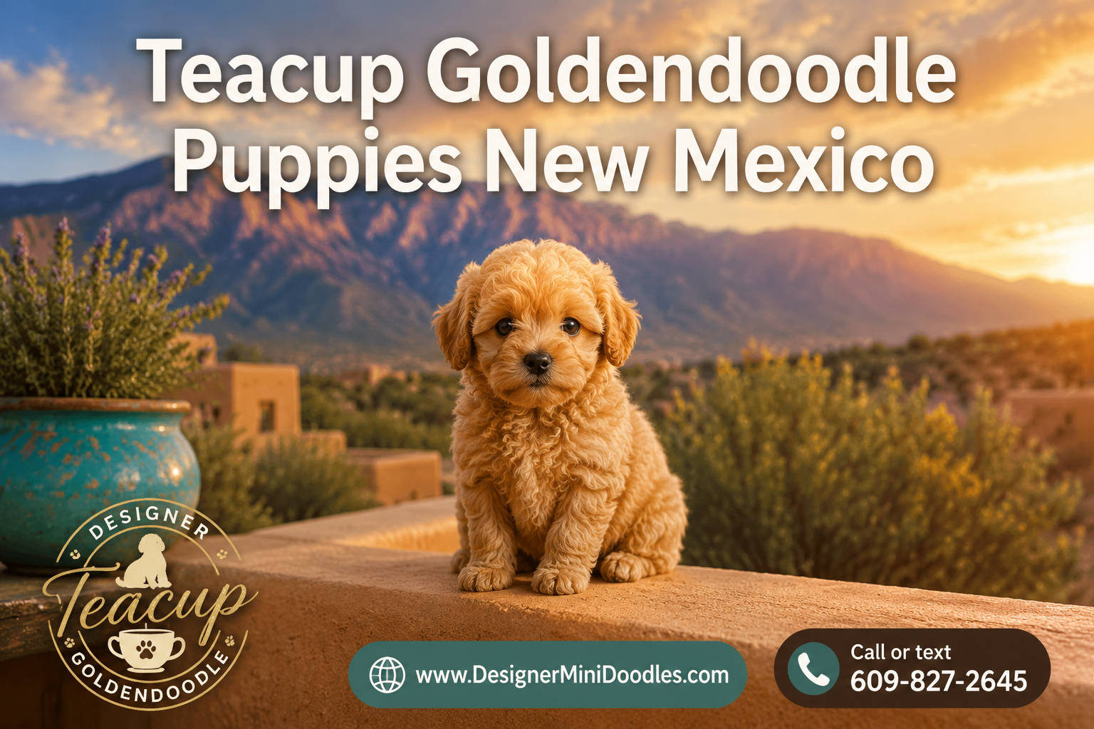Professional () hero image with : 'Teacup Goldendoodle Puppies New Mexico', centered upper-third. Background features a tiny