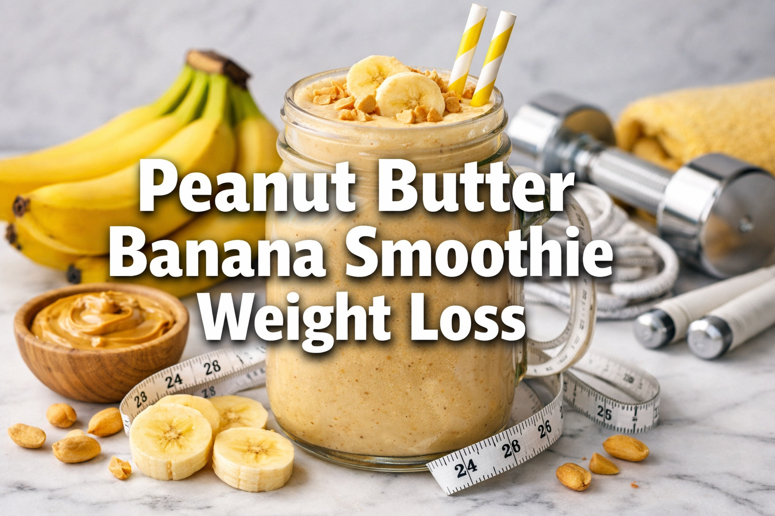 Professional landscape hero image (1536x1024) with bold text overlay 'Peanut Butter Banana Smoothie Weight Loss' in extra large 70pt white s