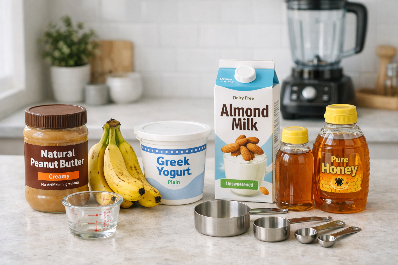 Landscape image (1536x1024) showing step-by-step smoothie preparation with five simple ingredients laid out: natural peanut butter jar, ripe