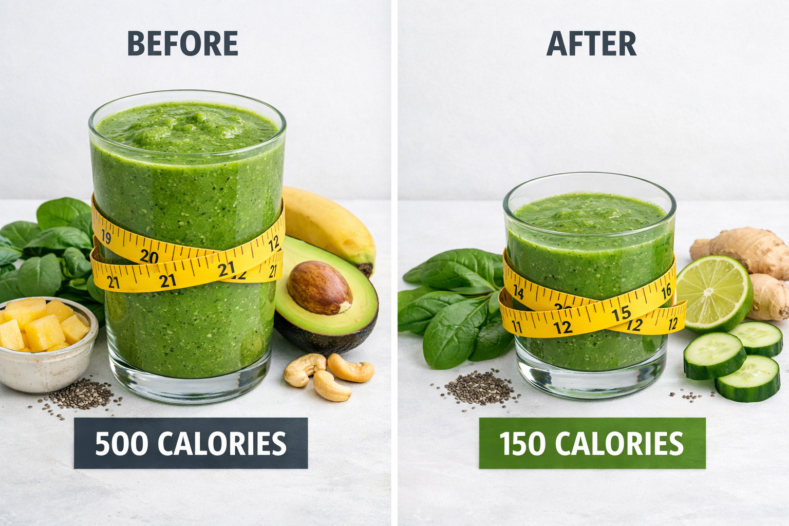Landscape image (1536x1024) featuring before/after concept with two smoothie glasses - one regular smoothie and one optimized for weight los
