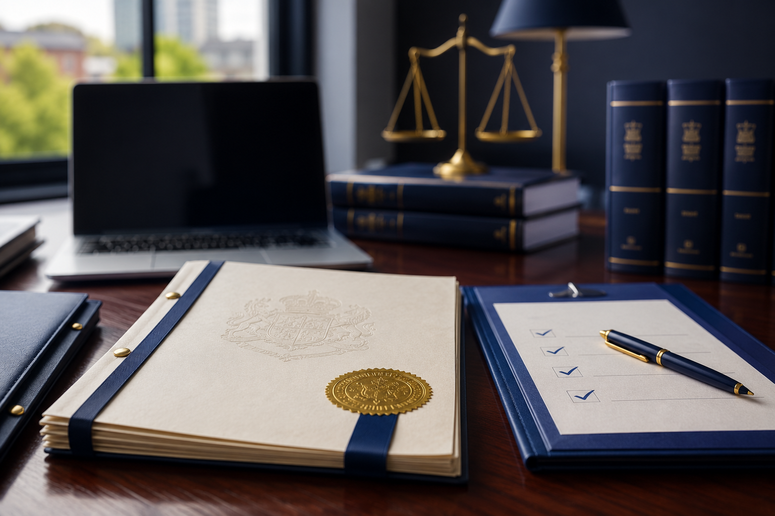 Officieel document met zegel naast een checklist en een weegschaal van justitie, symbool voor de verplichte publicatie in het Belgisch Staatsblad