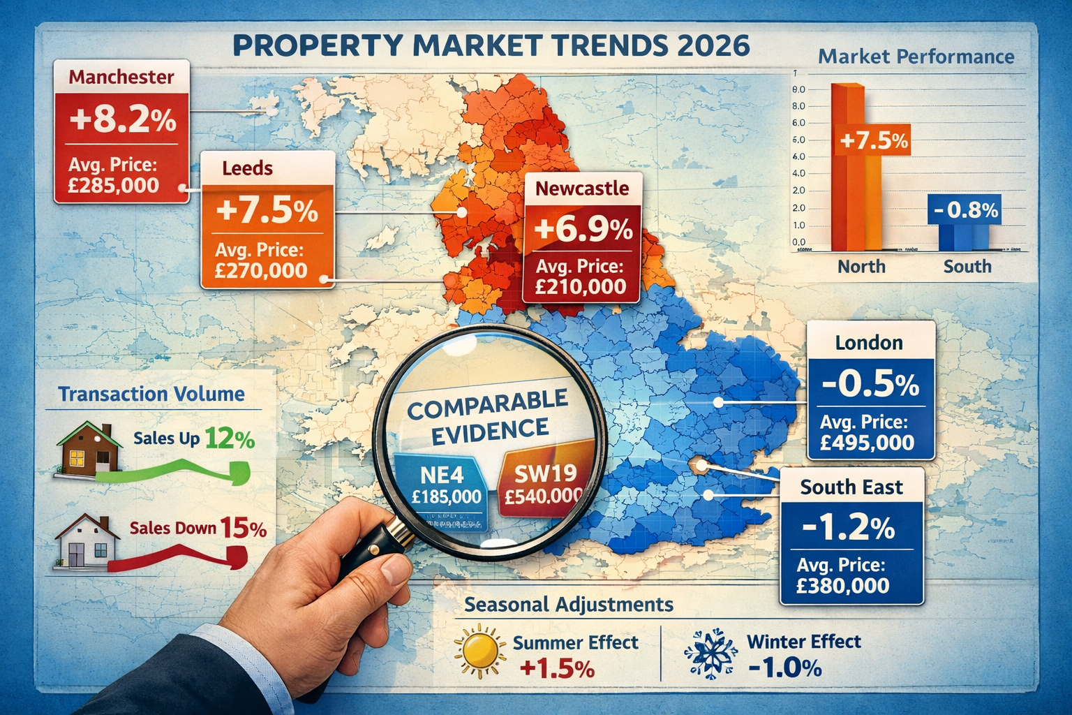 () detailed UK map visualization showing regional property market variations with color-coded heat zones: northern England