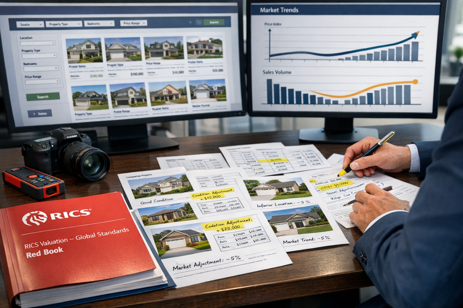 () professional scene showing RICS Red Book valuation process in action: foreground displays opened official Red Book