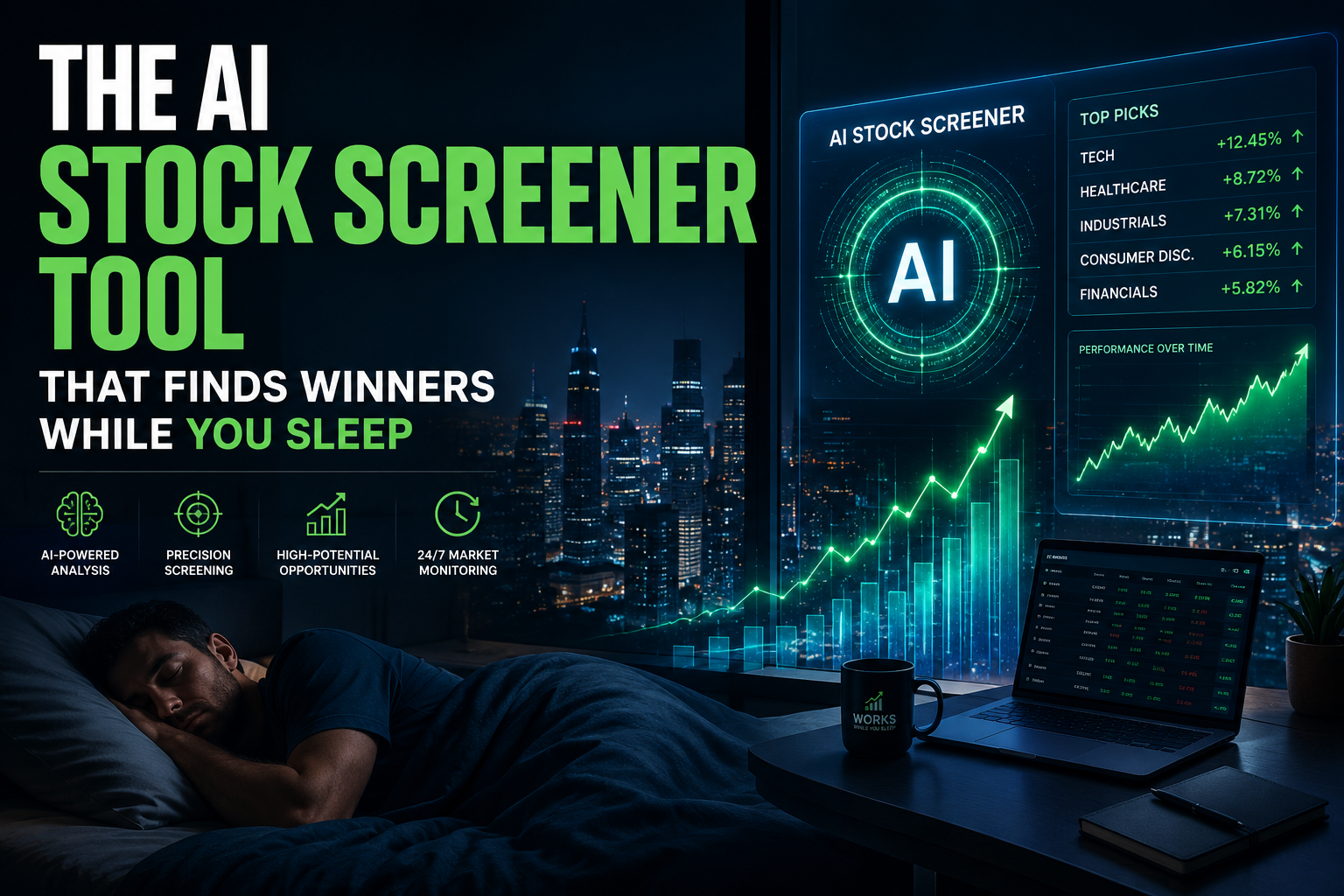 "The AI Stock Screener Tool That Finds Winners While You Sleep". Modern design, , , aesthetic. Background imagery relevant