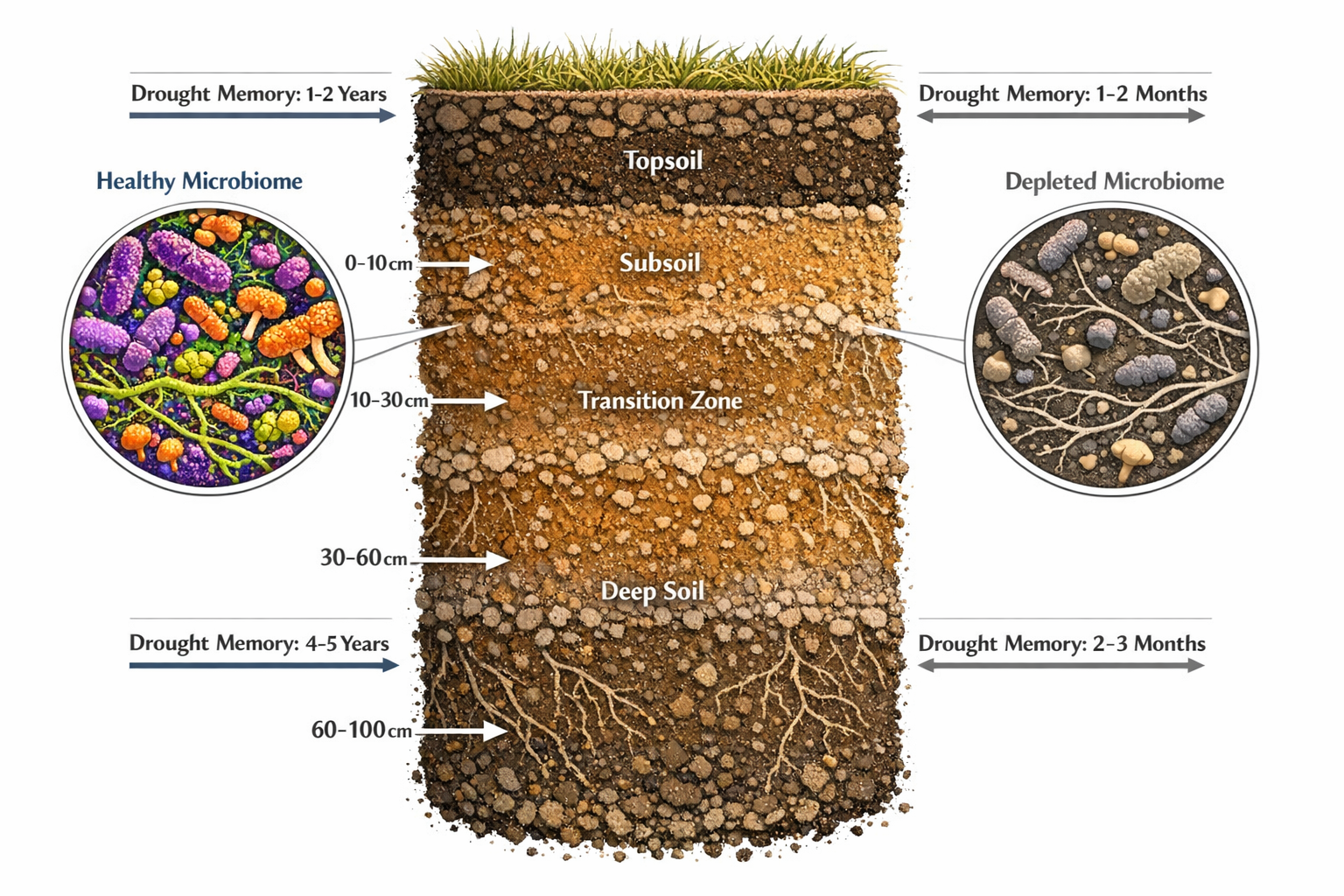 Detailed () scientific illustration showing soil core sample in cross-section with distinct horizontal layers labeled by