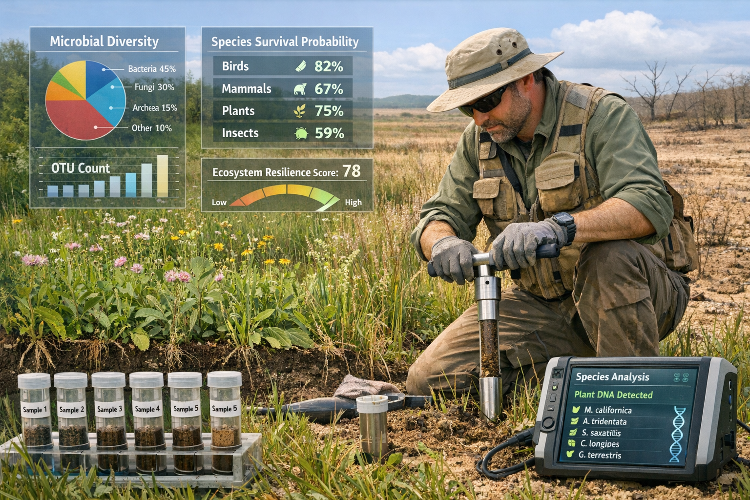 Detailed () field research scene showing biodiversity surveyor in professional field gear kneeling in grassland habitat,