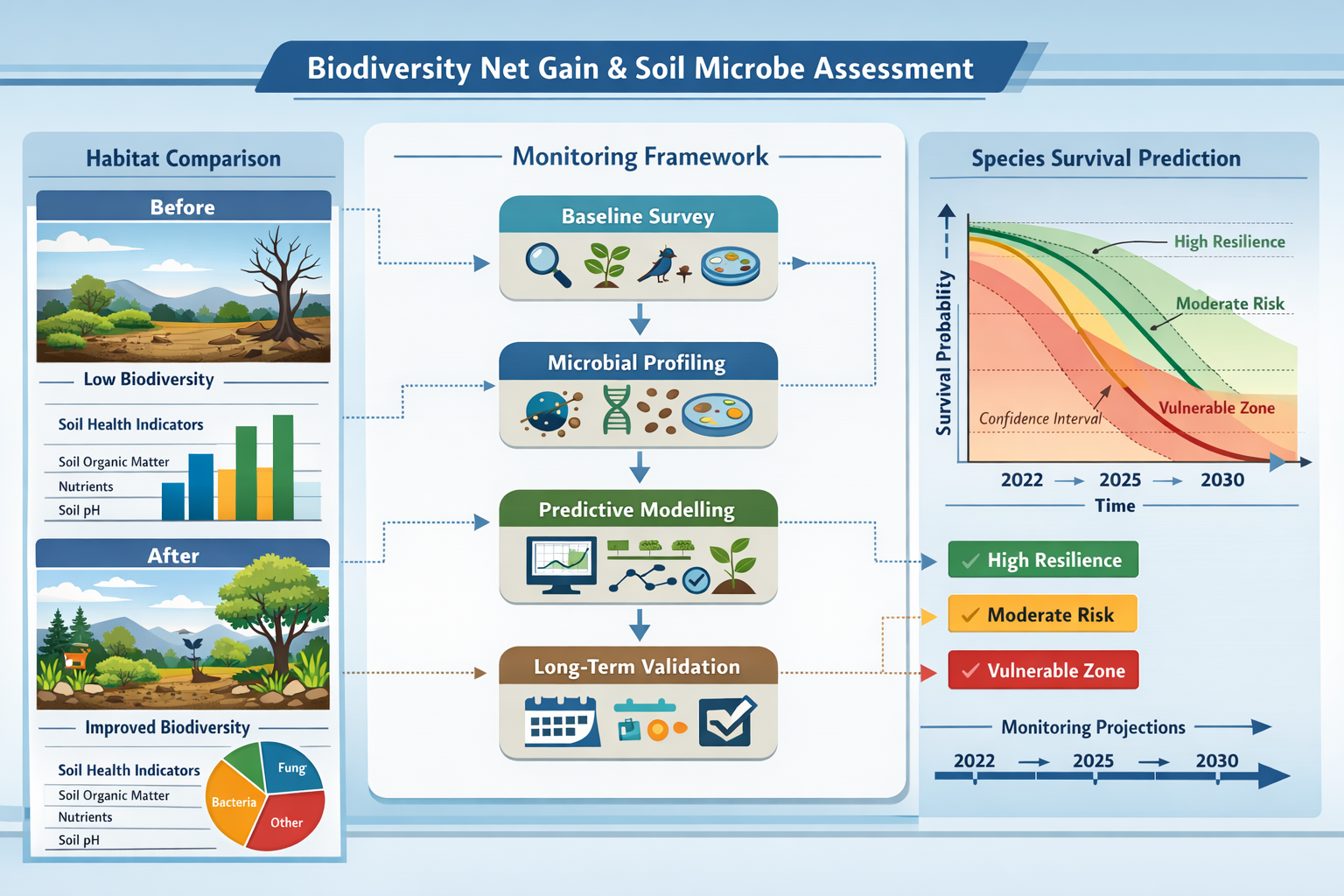 Detailed () conceptual infographic showing Biodiversity Net Gain monitoring framework integrated with soil microbe