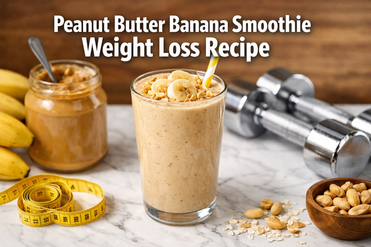 Professional landscape hero image (1536x1024) featuring bold text overlay 'Peanut Butter Banana Smoothie Weight Loss Recipe' in extra large