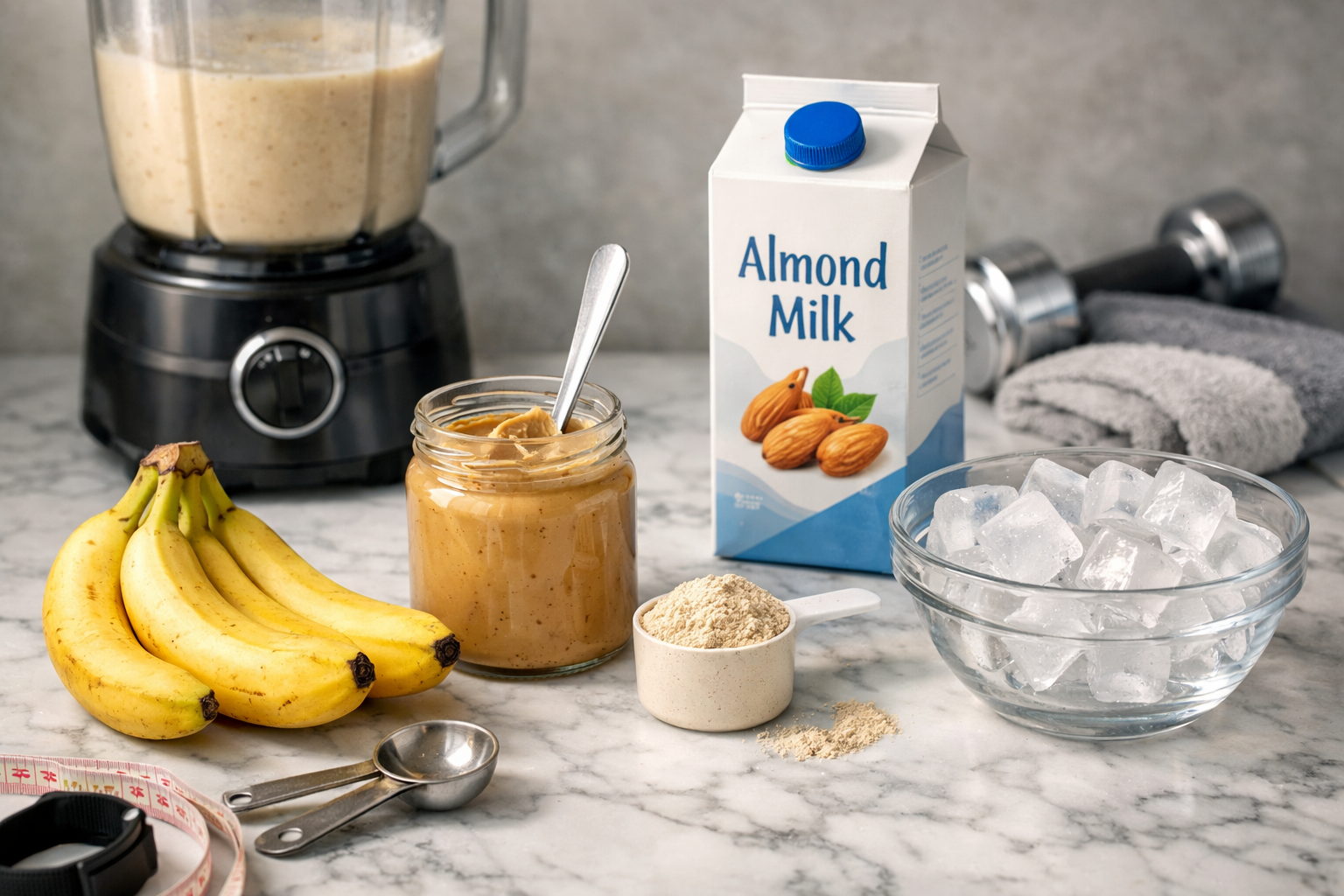 Detailed landscape image (1536x1024) showing step-by-step smoothie preparation with five simple ingredients laid out on marble counter: ripe