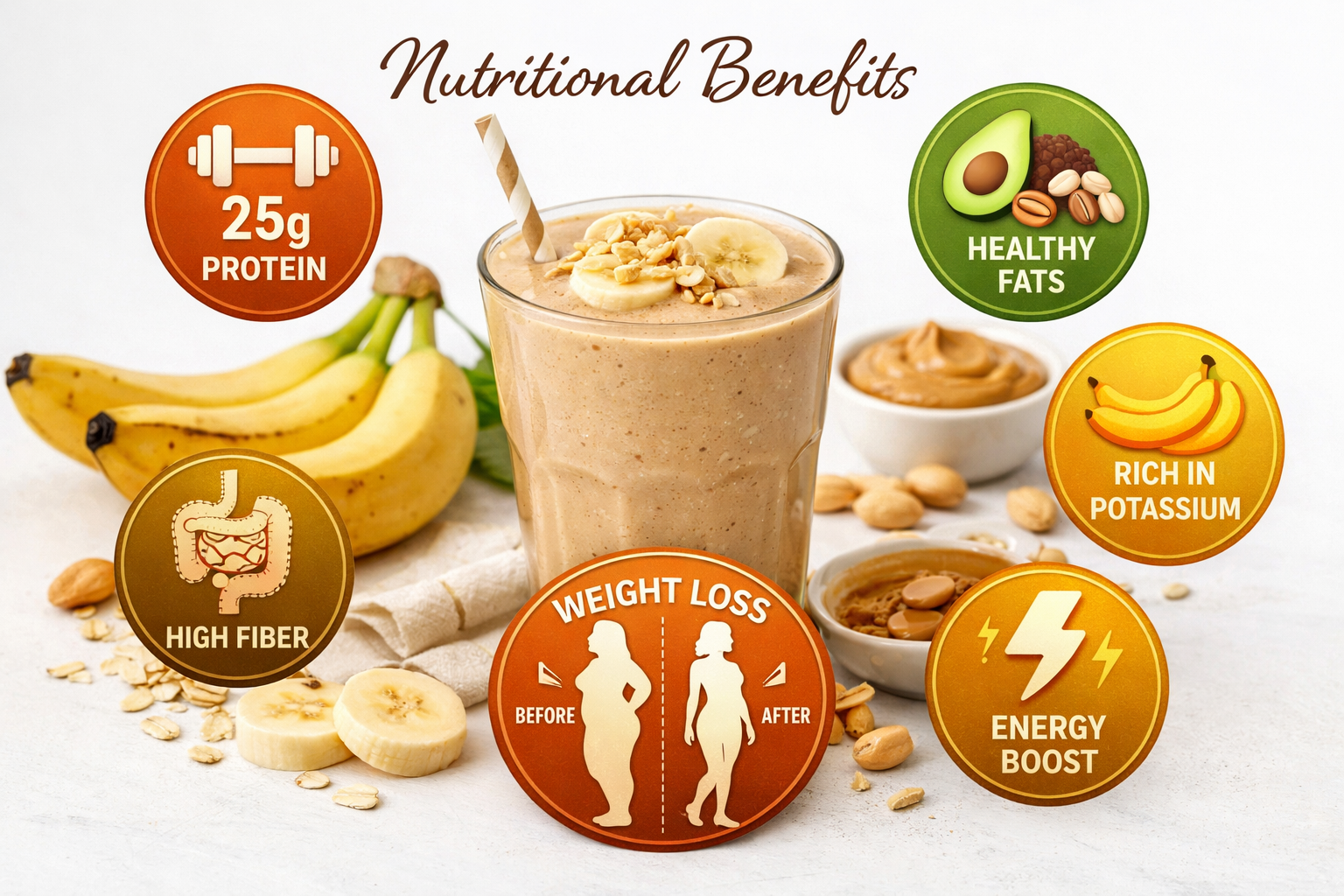Professional landscape image (1536x1024) displaying nutritional benefits infographic with peanut butter banana smoothie in center glass, sur
