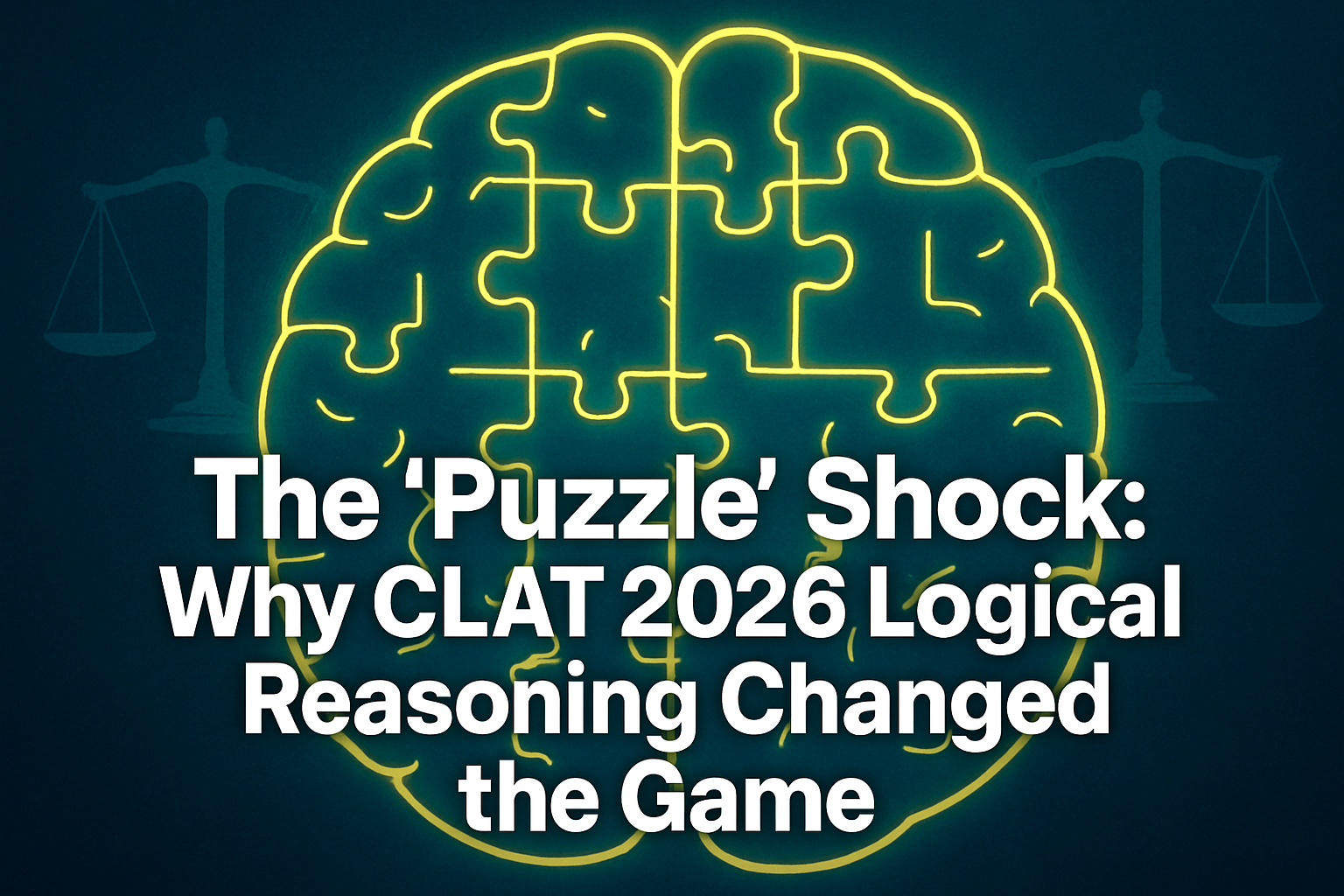 Professional landscape hero image (1536x1024) with bold text overlay: 'The 'Puzzle' Shock: Why CLAT 2026 Logical Reasoning Changed the Game'