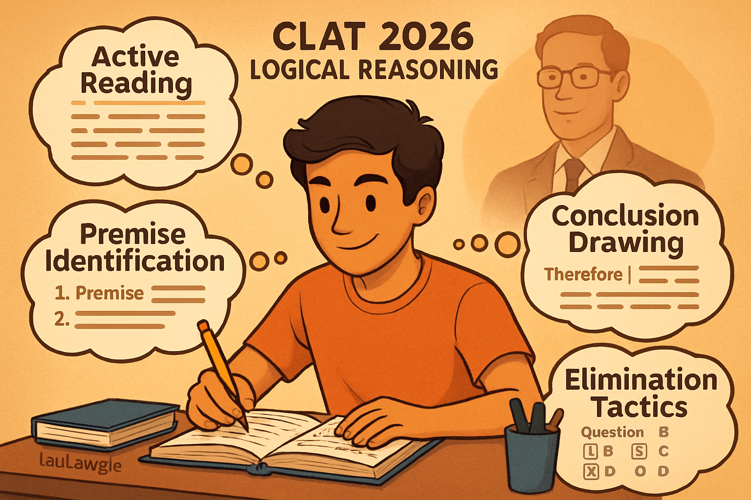 A dynamic illustration of a student at a desk, surrounded by thought bubbles containing complex logical reasoning problems and passages, act