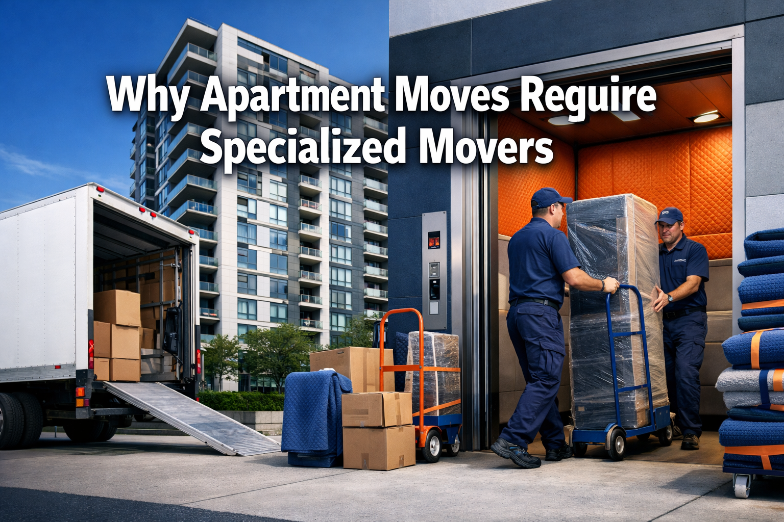 Professional landscape format (1536x1024) hero image with bold text overlay 'Why Apartment Moves Require Specialized Movers' in extra large 