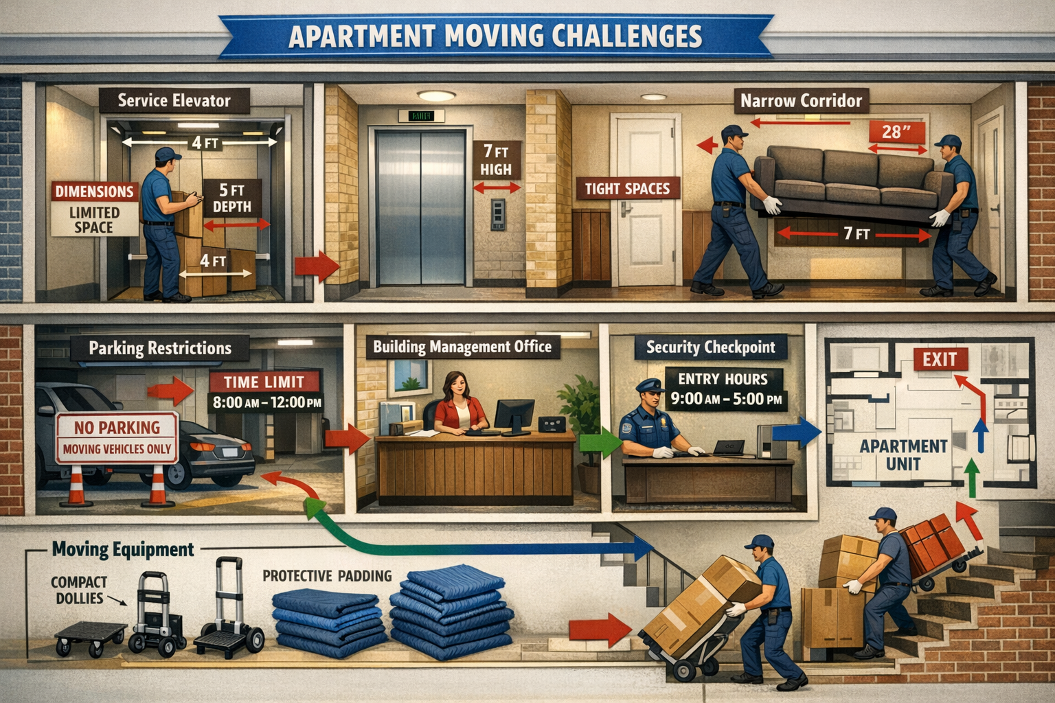Landscape format (1536x1024) detailed infographic showing apartment building cross-section with specialized moving challenges: service eleva