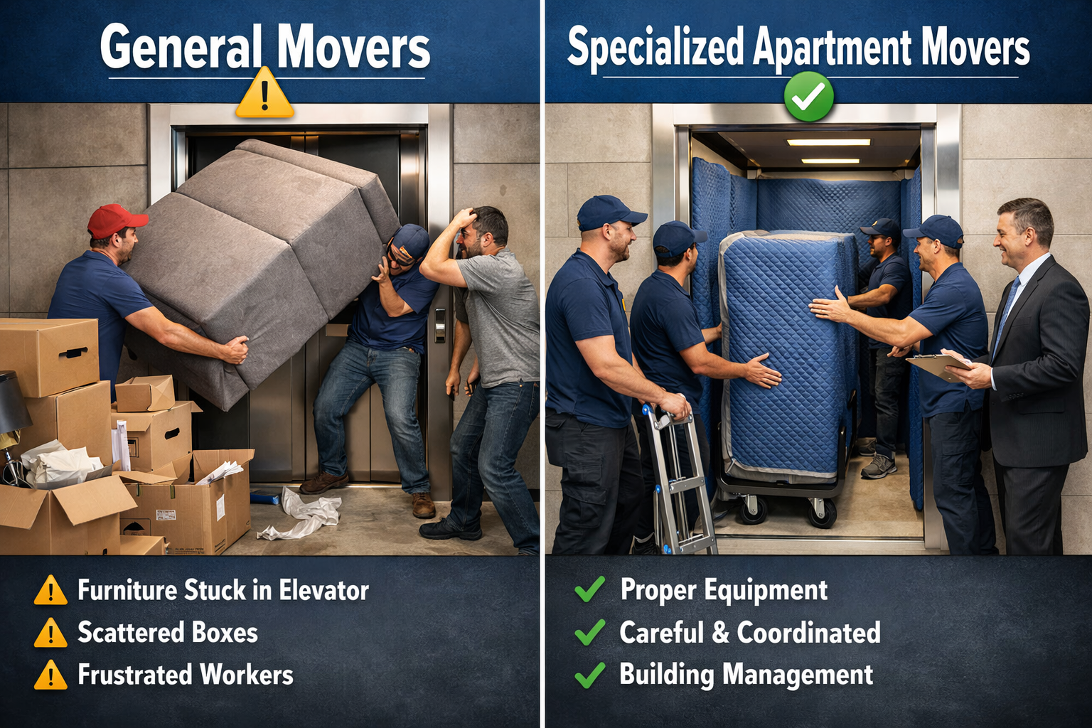 Professional landscape format (1536x1024) split-screen comparison image showing two moving scenarios: left side displays general movers stru